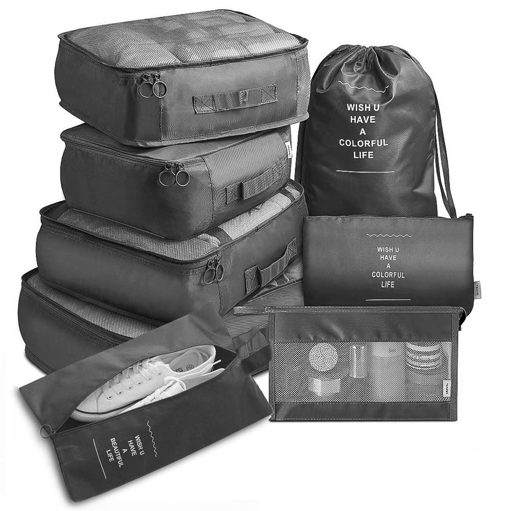 Toifucos Black Travel Packing Cubes, Multifunction 8Pcs/Set Luggage Organiser Compression Suitcase Essential Bag,