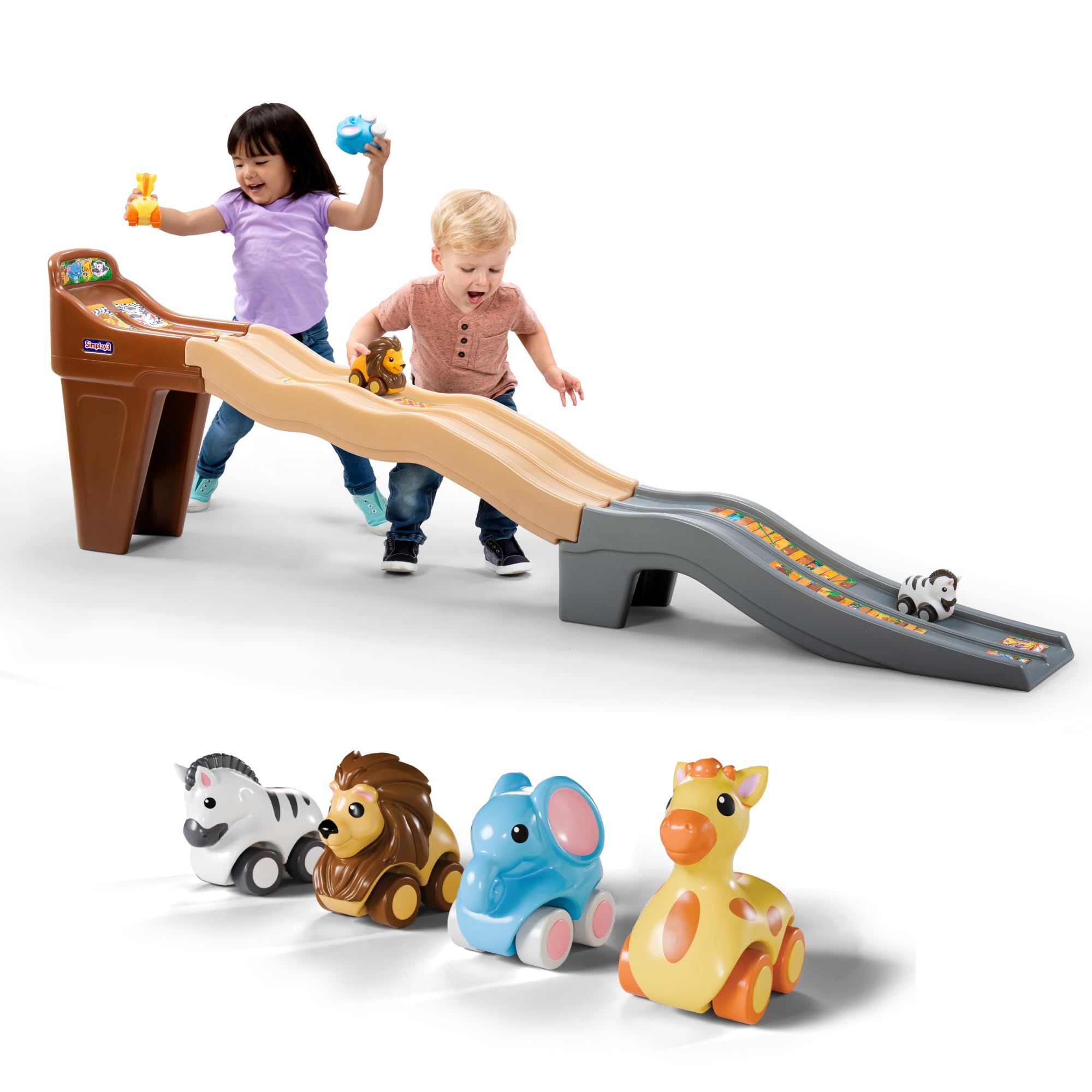 Simplay3 Safari Adventure Race Track, Dual Lane Toddler Racetrack, Car Ramp Toy for Indoor or Outdoor Play, 4 Toy Animal Cars Included, Made in USA