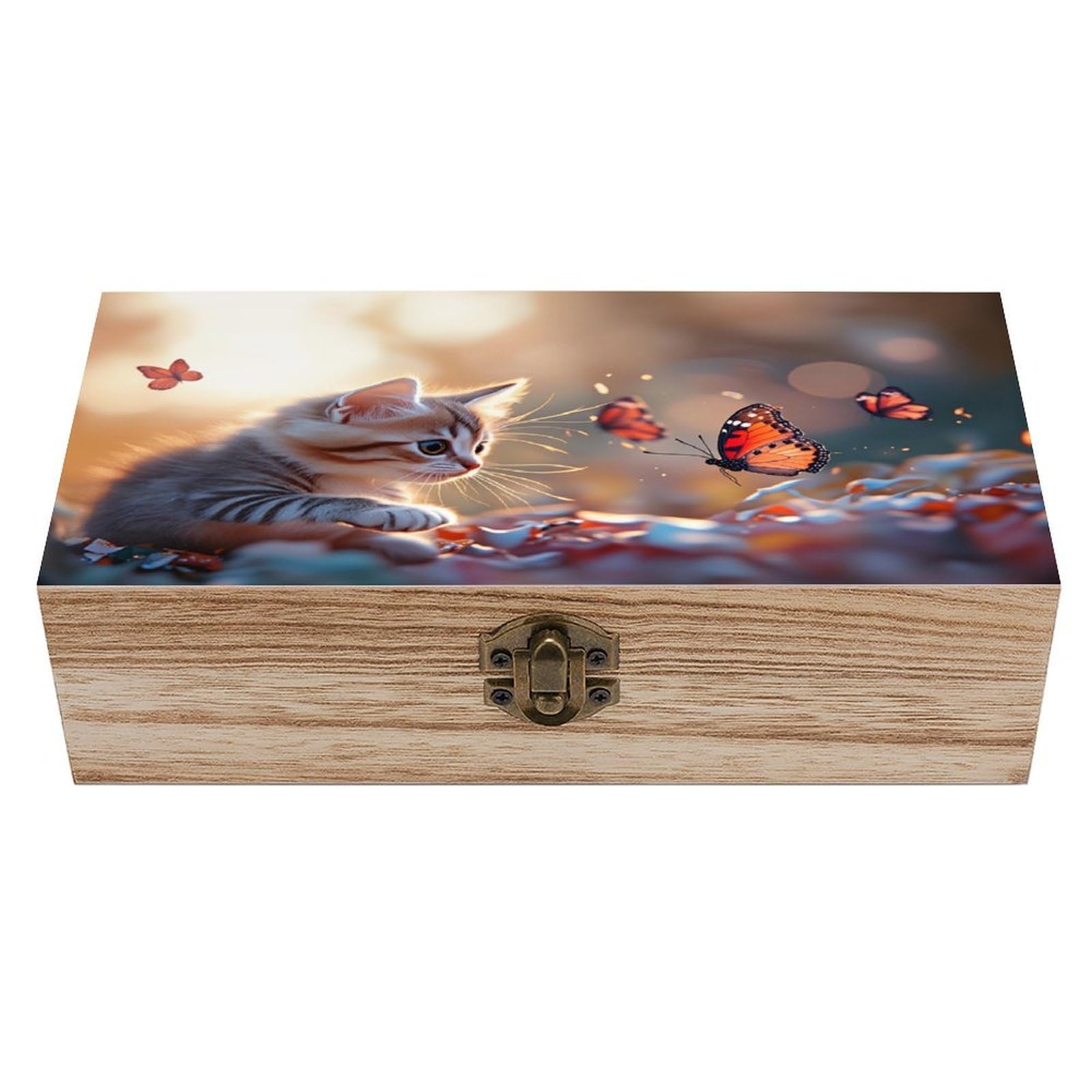 asbwuo Kitten With Butterfly Vintage Wooden Keepsake Box