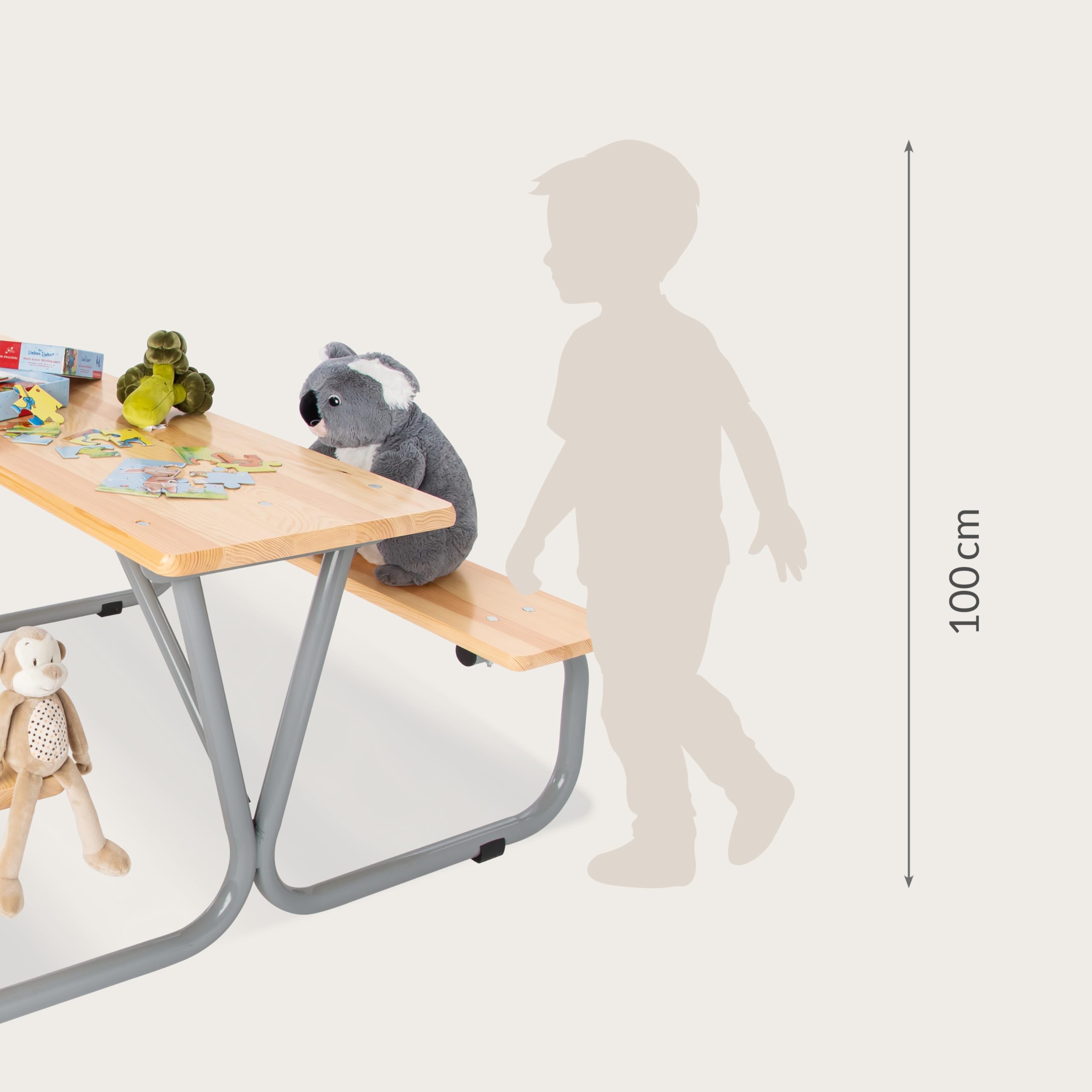 PINOLINO Michel Kindersitzgarnitur - Kinder Sitzgruppe - Kindertisch mit 2 Bänken & 1 Tisch - Kindersitzgarnitur aus Holz - Picknicktisch - Sitzgruppe für Kinder ab 3 Jahre, Grau