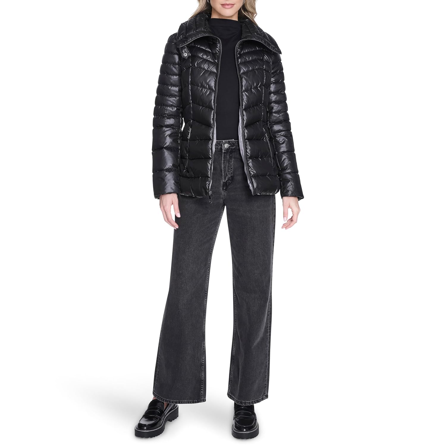 Kenneth Cole Women's Chevron Quilted Cire Puffer With Winged Collar - Image 2