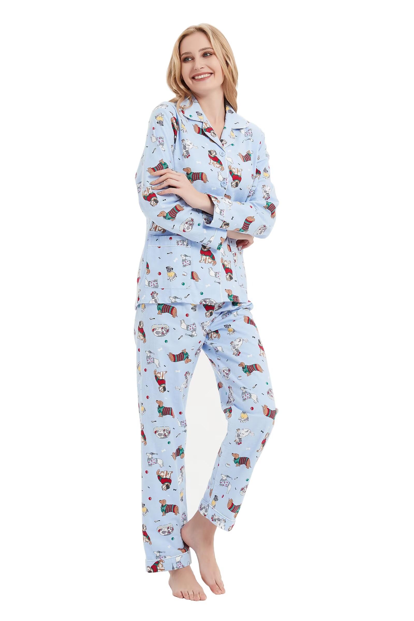 GLOBAL Damen Pyjama Set Baumwoll Flanell, Knopfleiste, Hose mit Kordelzug