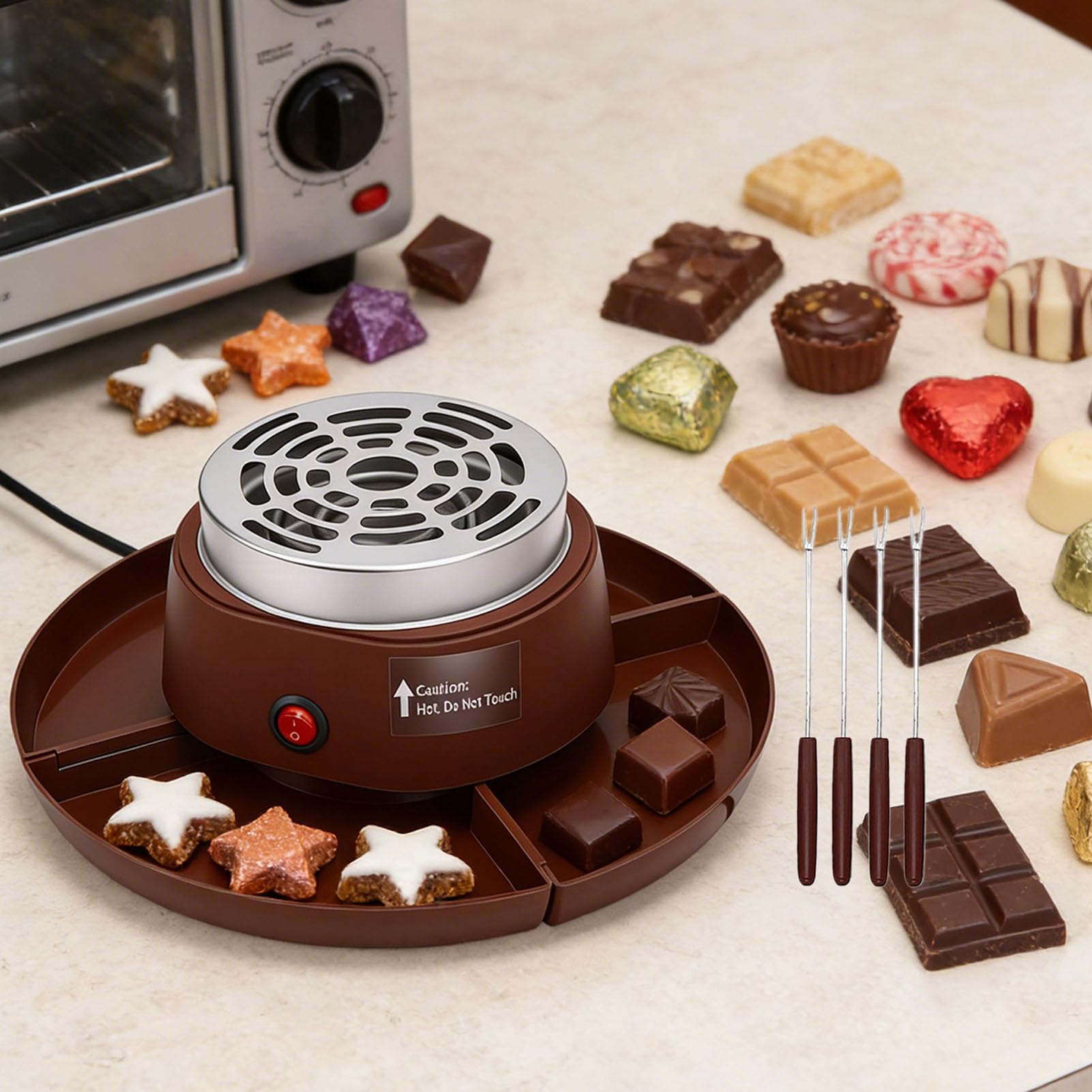 Greensen 2 in 1 Elektrischer Smores Maker Tisch Röster Schokoladenfondue Topf 4 Röstgabeln EU-Stecker 220 V