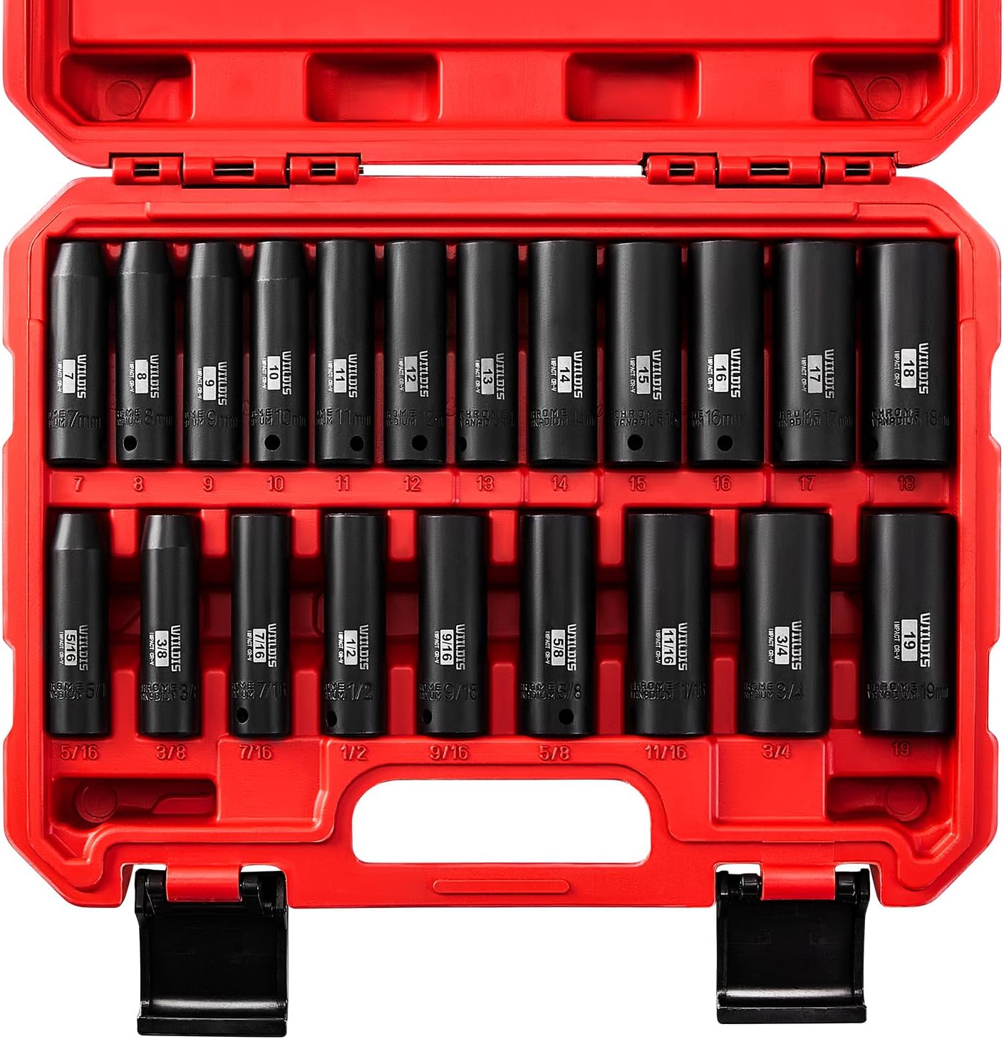 21 Pieces 3/8" Drive Deep Impact Socket Set, Standard SAE (5/16"to 3/4") & Metric (7mm to 19mm), 6 Point Design, Deep, Premium Cr-V Steel