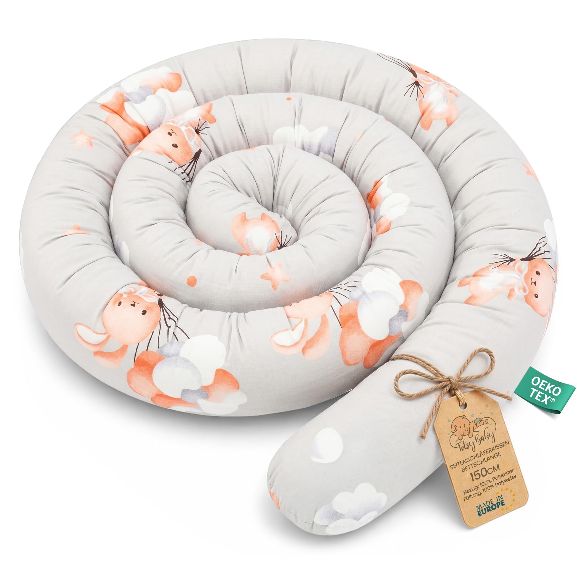 Totsy Baby Cojín Serpiente XXL Almohada de Cama Cojín de Lactancia Rollo de Cama Protector de Borde de Cama Cojín Decorativo Alrededor de Cama Serpiente XL Conejo 150 cm Oeko-Tex