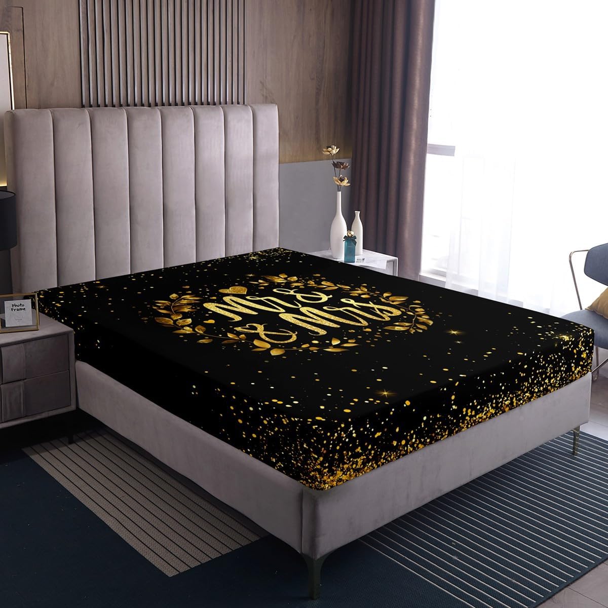 Mr and Mrs Gifts Bed Sheets Black Gold Sequins Bedding Sets Full,Glitter Golden Heart Fitted Sheet for Women Adult Man, for Couple,Wedding Gifts for Couple Bedroom Decor