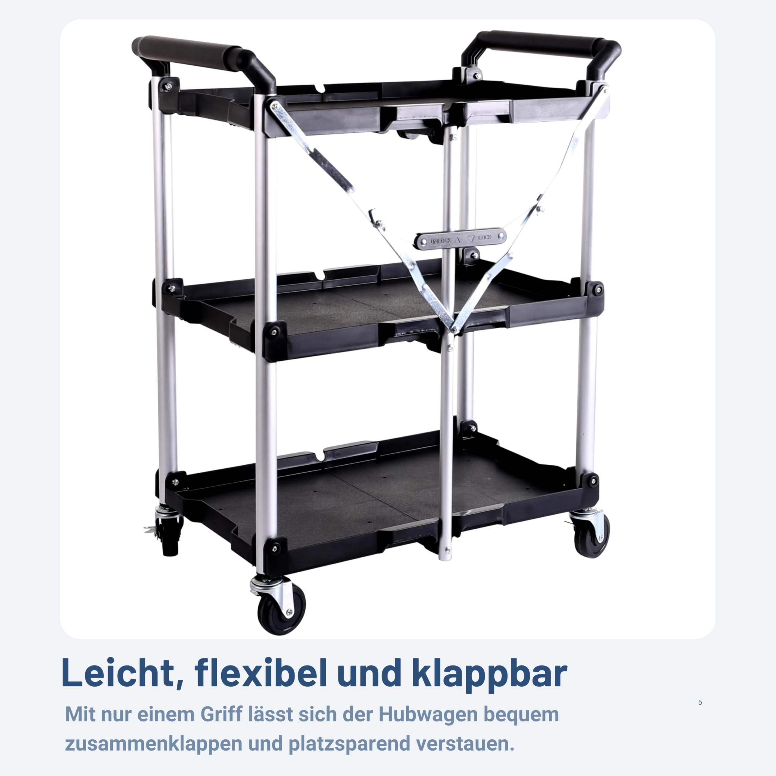 Pallit Serve Servierwagen mit Rollen 75 kg Tragkraft 3 Ebenen, klappbarer Küchenwagen, Rollwagen aus Metall 600 x 380 mm für Küche, Büro, Werkstatt