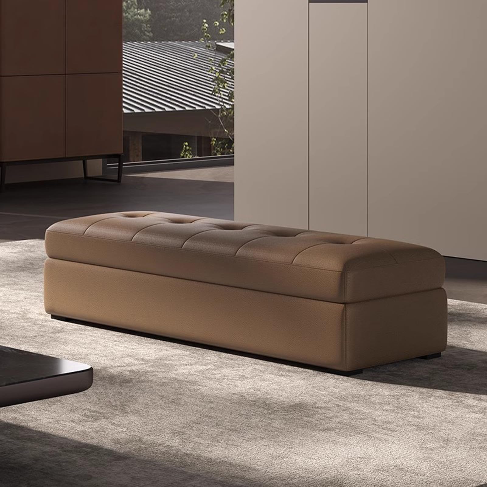 Bancs de rangement en cuir raffiné avec pieds robustes pour un salon contemporain