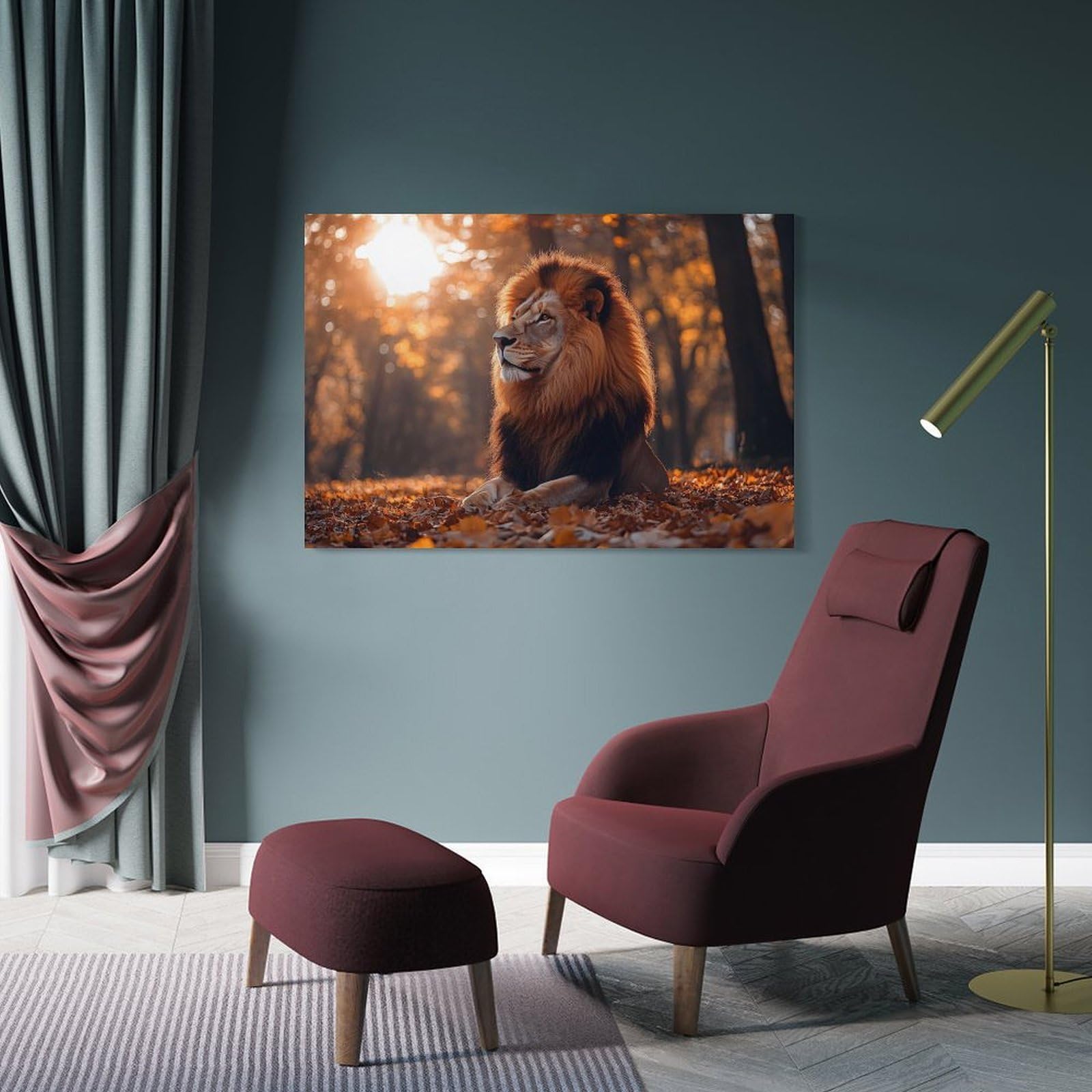 Junmoney Majestic Lion in Autumn Forest Wall Art Print, 24x36inch(60x90cm), for Office, Study Or Home Workspace, Decorative Artwork for Productive Spaces
