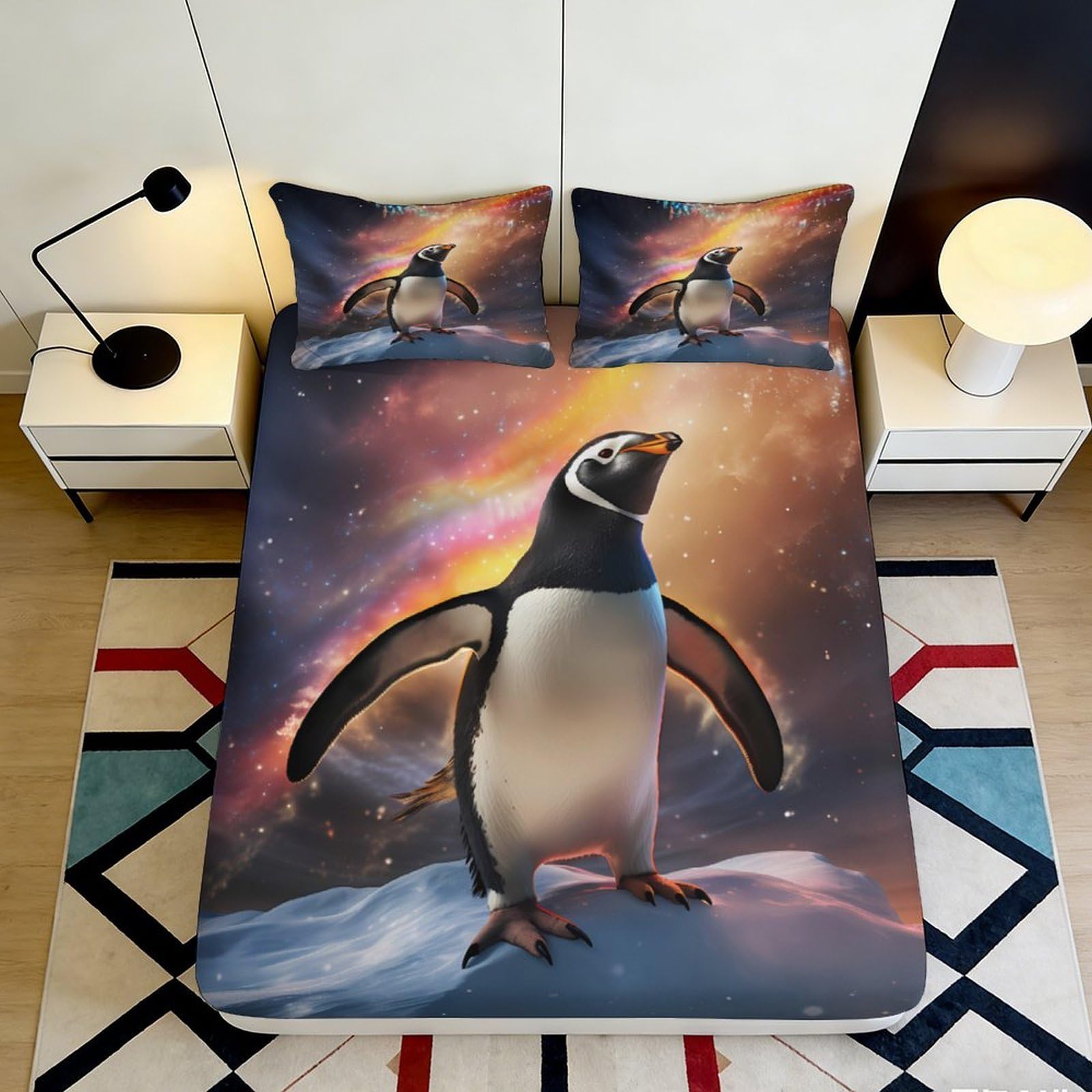 3D Printed Penguin Galaxy Fitted Sheet Microfiber Soft Breathable Cosmic Mattress Cover for Bedroom Dormitory Guest Room Mattress Protection Decor 120x200x25cm