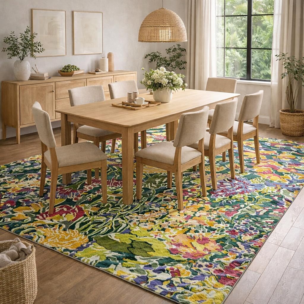 Handmade Hand Tufted Wool Rug, 7x10 Multicolor Botanical Floral Luxury Area Rug for Living Room, Bedroom, Dining Room