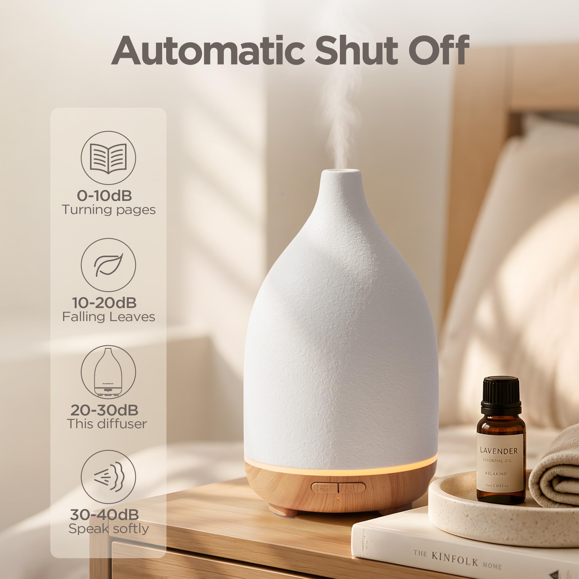 InnoGear Diffusore di olio, diffusore in ceramica da 150 ml, per oli essenziali, realizzato a mano, diffusore per aromaterapia, regalo per la mamma, umidificatore a nebbia fredda a ultrasuoni, con 2