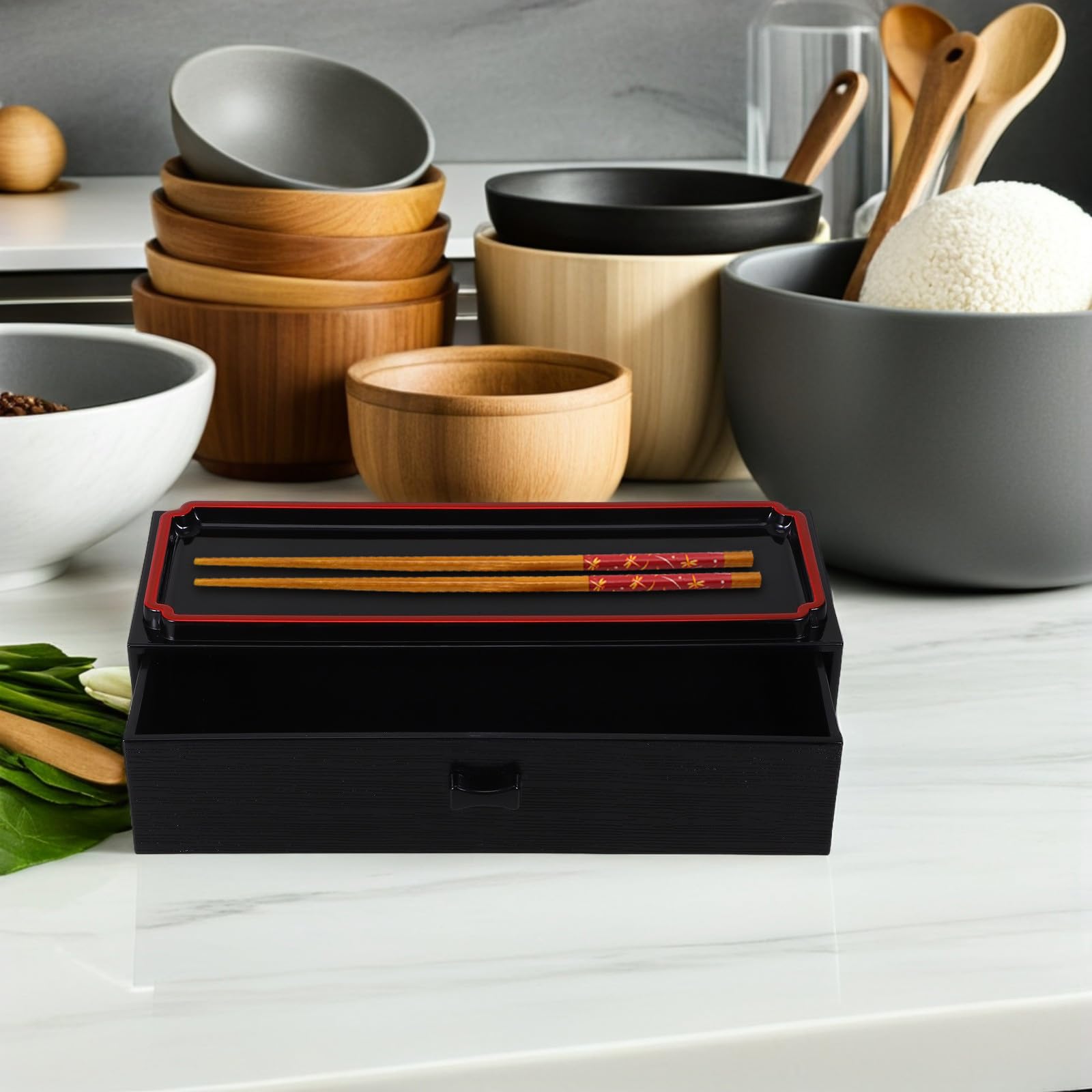 Operitacx Caja Organizadora para Palillos y Cubiertos de Madera Negra Diseño Japonés, Extraíble y Portátil, Contenedor para Almacenamiento Higiénico en Cocina, 1 Unidad
