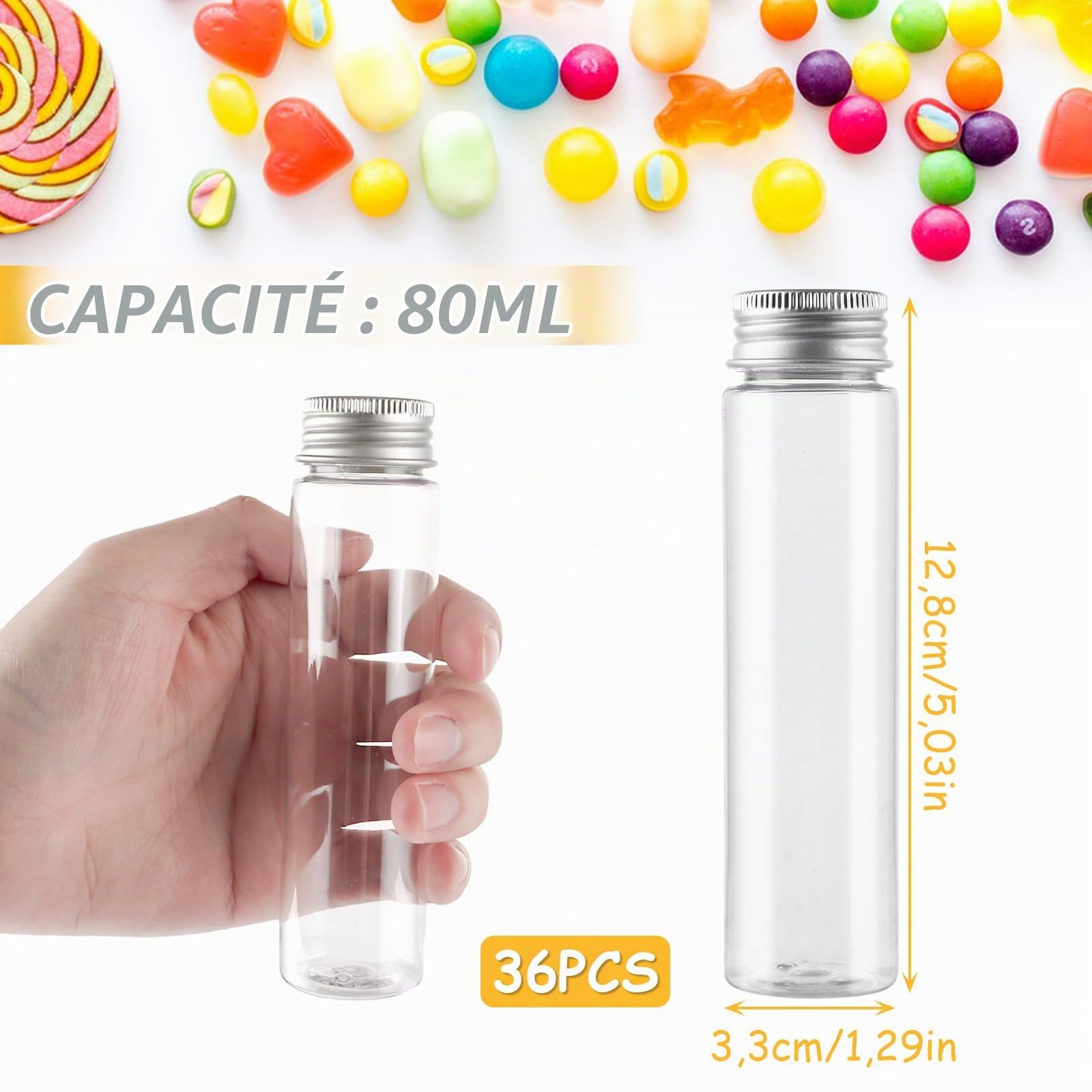Lot de 36 tubes à essai avec bouchon à vis - 80 ml - Tubes à essai avec couvercle transparent - En plastique - Pour fleurs, bonbons, perles, plantes, sels de bain réutilisables