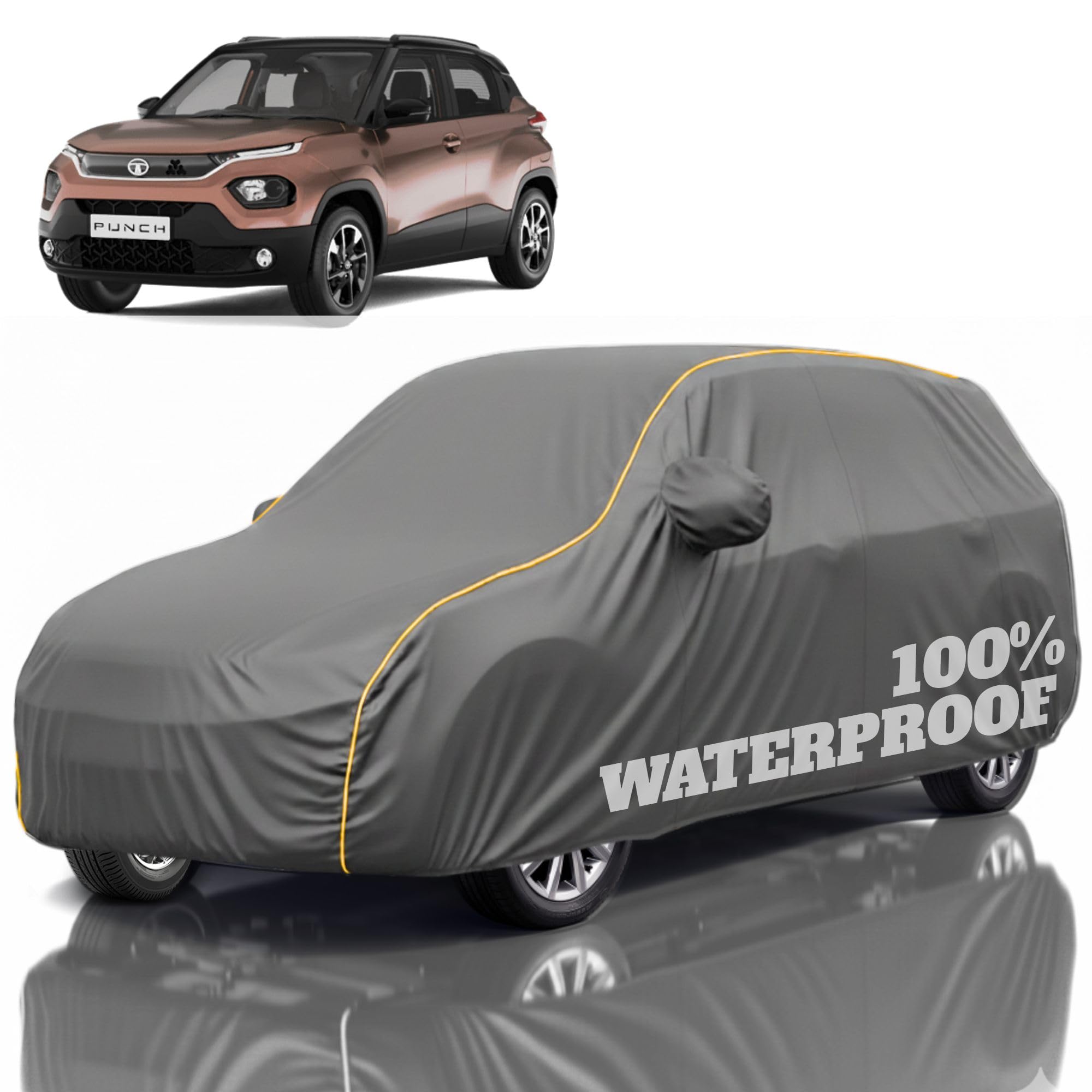 Premium Polyester Car Cover Punch All-Weather Protection from Rain, Dust &amp; Sun | UV Resistant Fabric | Full Body Secure Fit for Outdoor &amp; Indoor Parking Grey