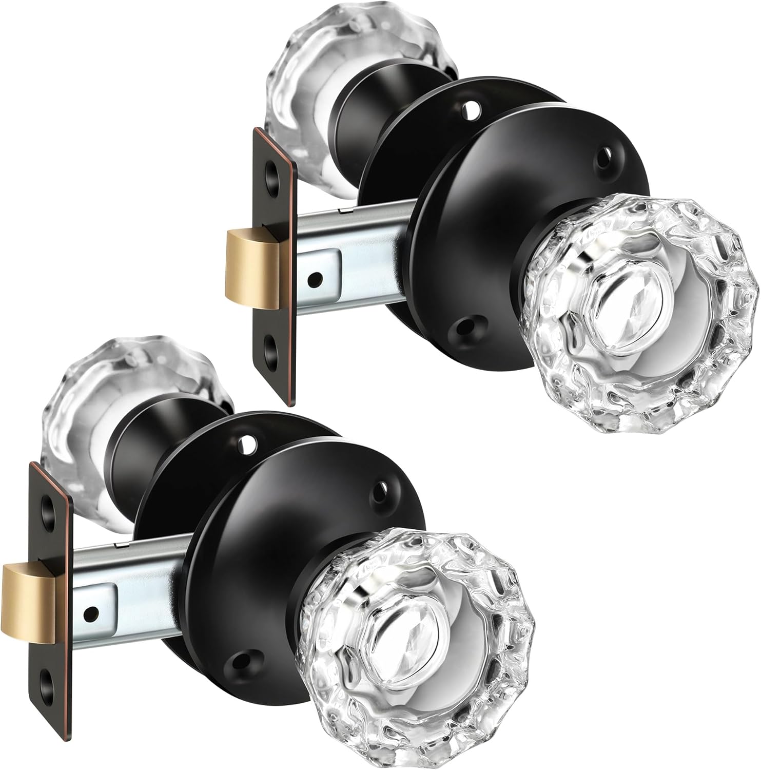 Saillong 2 Pack Glass Door Knobs - Vintage Clear Crystal with Latch Bolt, Matte Finish, Passage Set for Hallway, Closet, Bedroom, Bathroom (Matte Black)