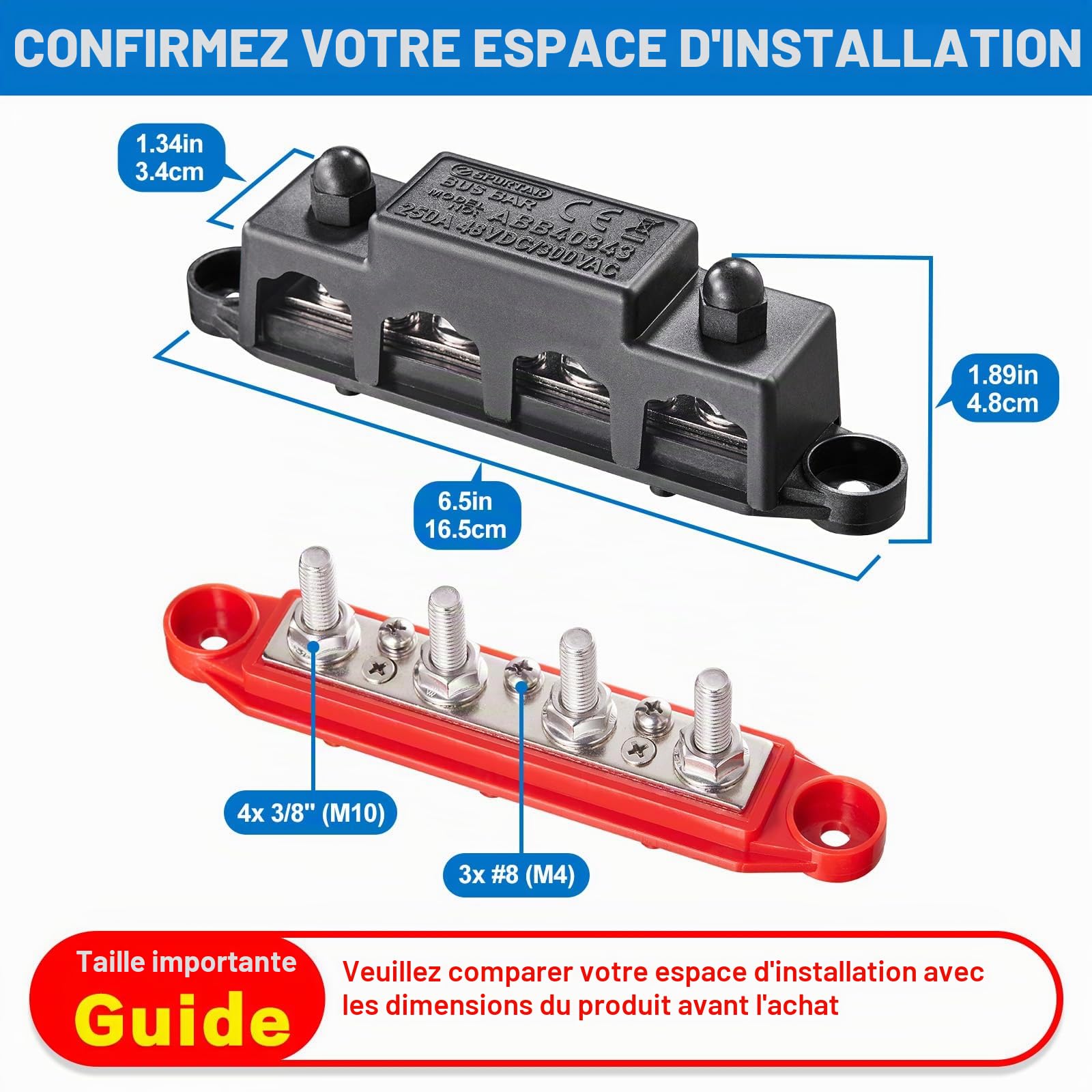 Spurtar Bloc de Distribution 12V 24V 48V DC 250A BusBar avec 4 x M10 Boulons et 3 x M4 Vis, 16,5 × 3,4 × 4,8 cm – Ne Convient Pas aux Espaces Étroits