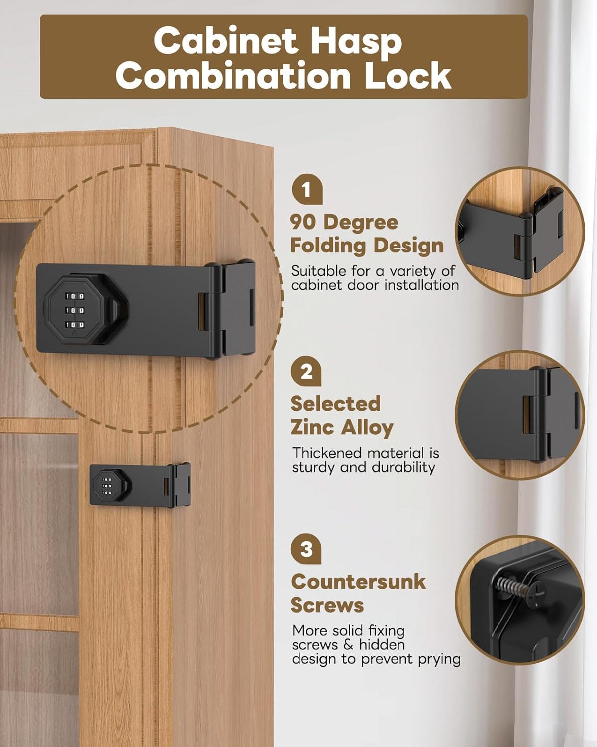 Cabinet Lock with Combination, 90 Degree Bifold File Cabinet Door Lock, Mechanical Keyless Password Rotary Hasp Latches for Office File Desk Drawer, Cupboard, Locker (2, Black)