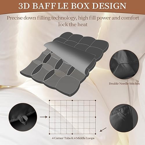 Miniatura 4 de Edredón de plumón de ganso tamaño individual, relleno de edredón de plumas esponjosas gris invierno con pestañas, funda de algodón suave, peso de
