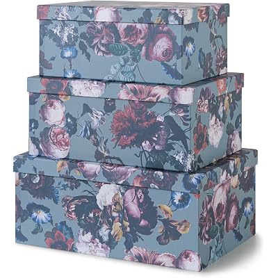Soul & Lane Decorative Storage Cardboard Boxes with Lids | Elegance in Bloom - Set of 3 | Floral Moody Paperboard Nesting Boxes