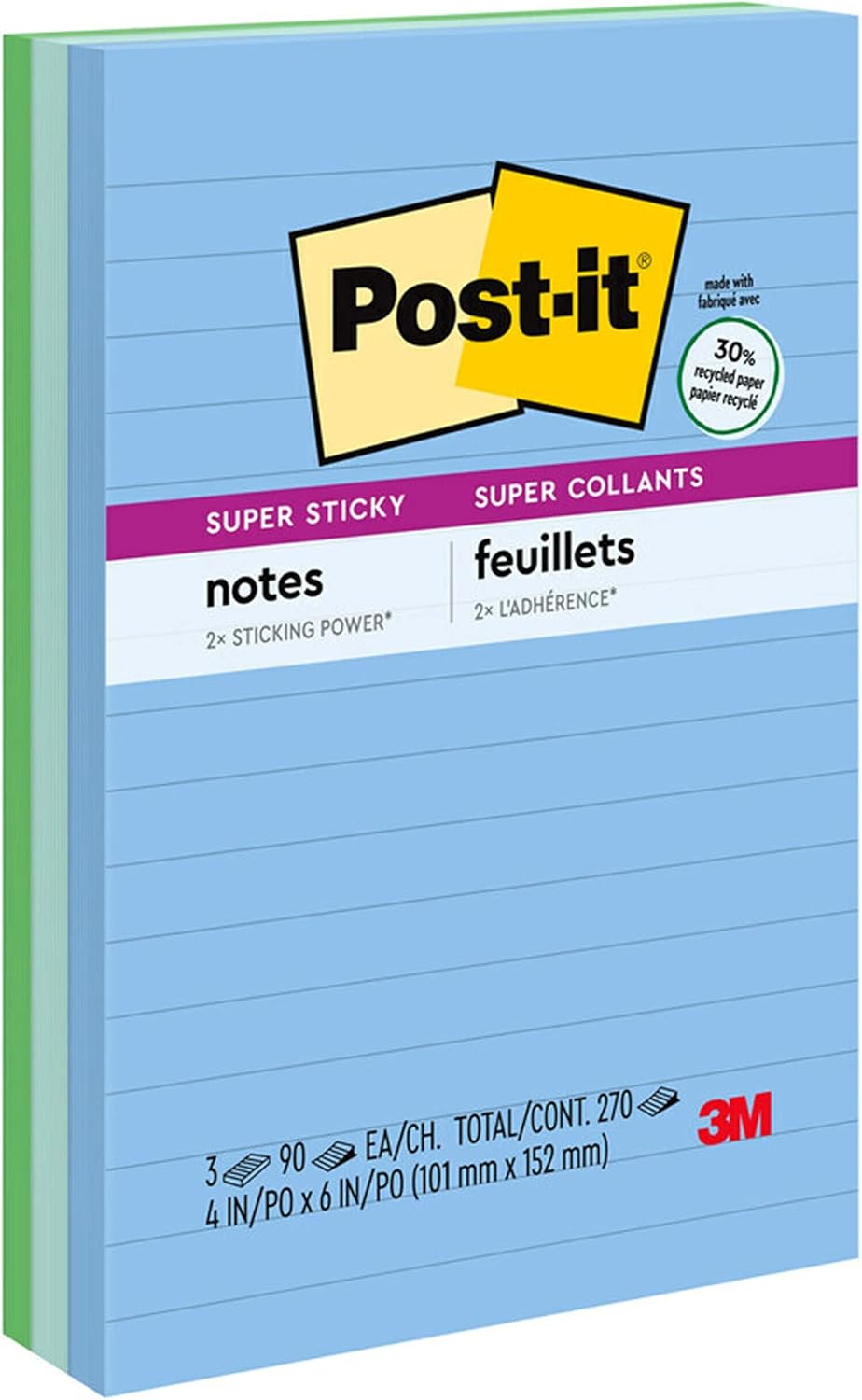Post-it Super Sticky Recycled Notes, 4x6 in, 3 Pads, 2X the Sticking Power, Poptimistic, Bright Colors, 30% Recycled Paper (660-3SST)