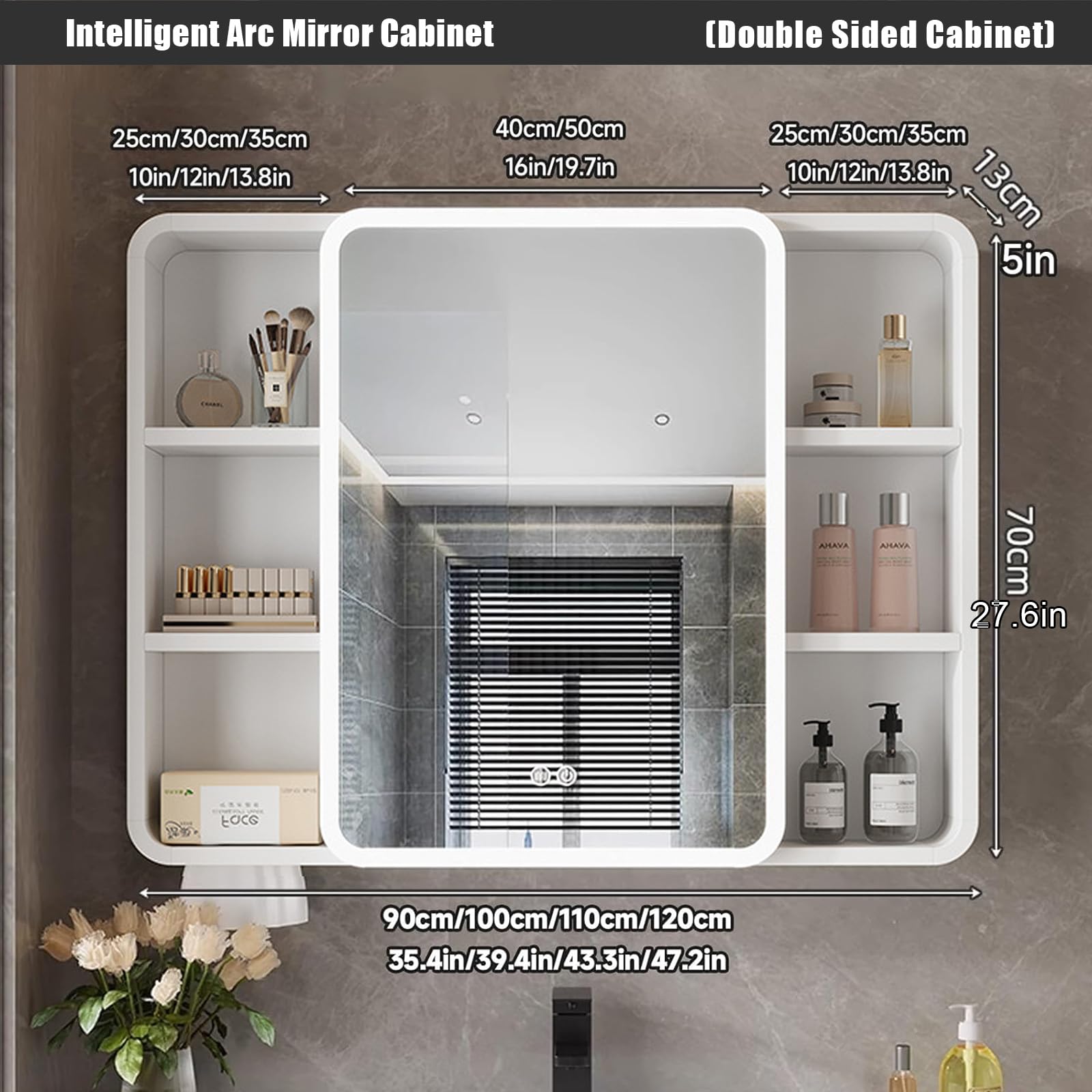 Podświetlana aluminiowa apteczka ścienna z przyciskiem dotykowym do usuwania mgły, miejsca do przechowywania, elegancki design i otwór na papier do nowoczesnych łazienek.