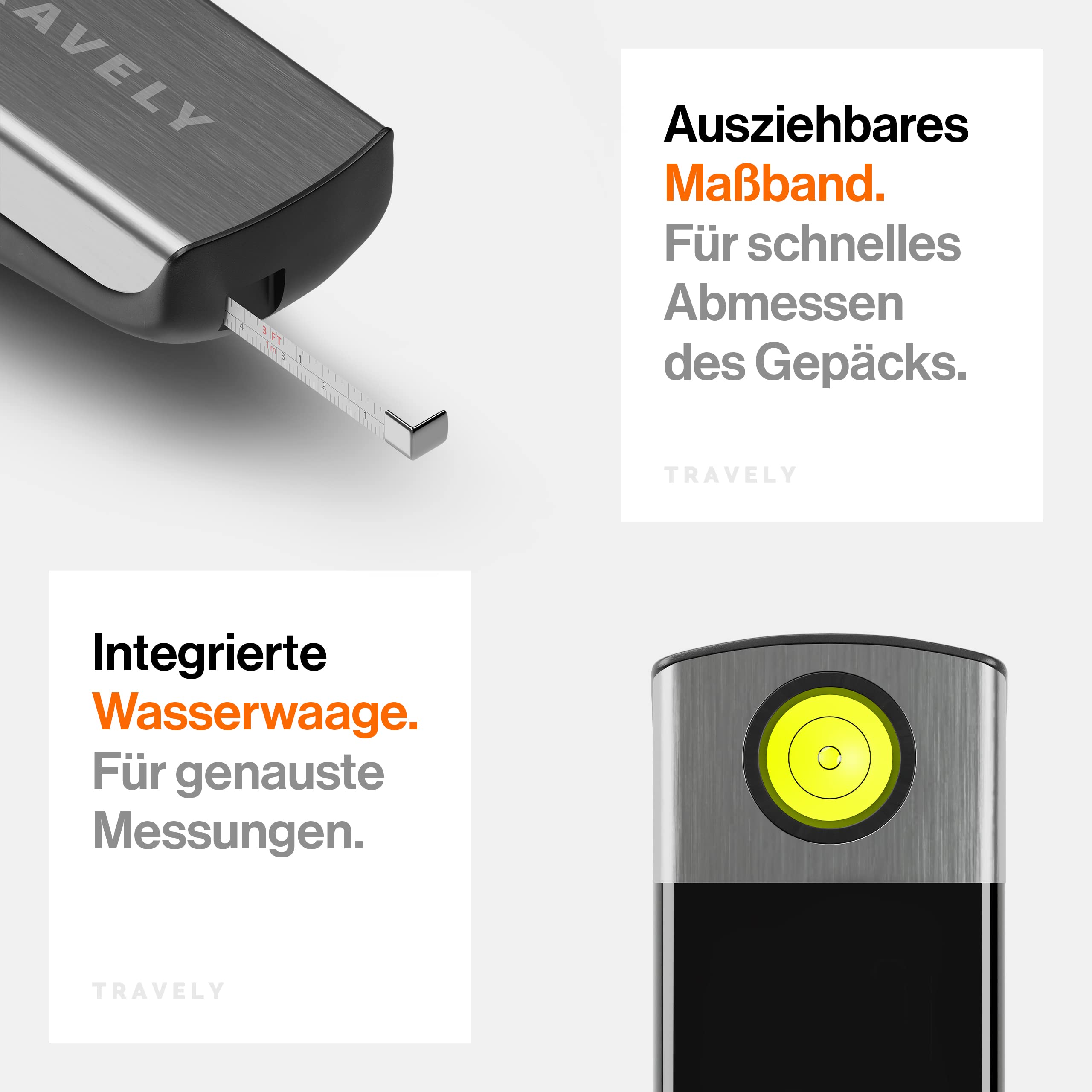 TRAVELY Premium Kofferwaage aus gebürstetem Edelstahl bis 50KG I Gepäckwaage mit praktischem Maßband und integrierter Wasserwaage für genauste Messungen. weight Scale digital mit haken