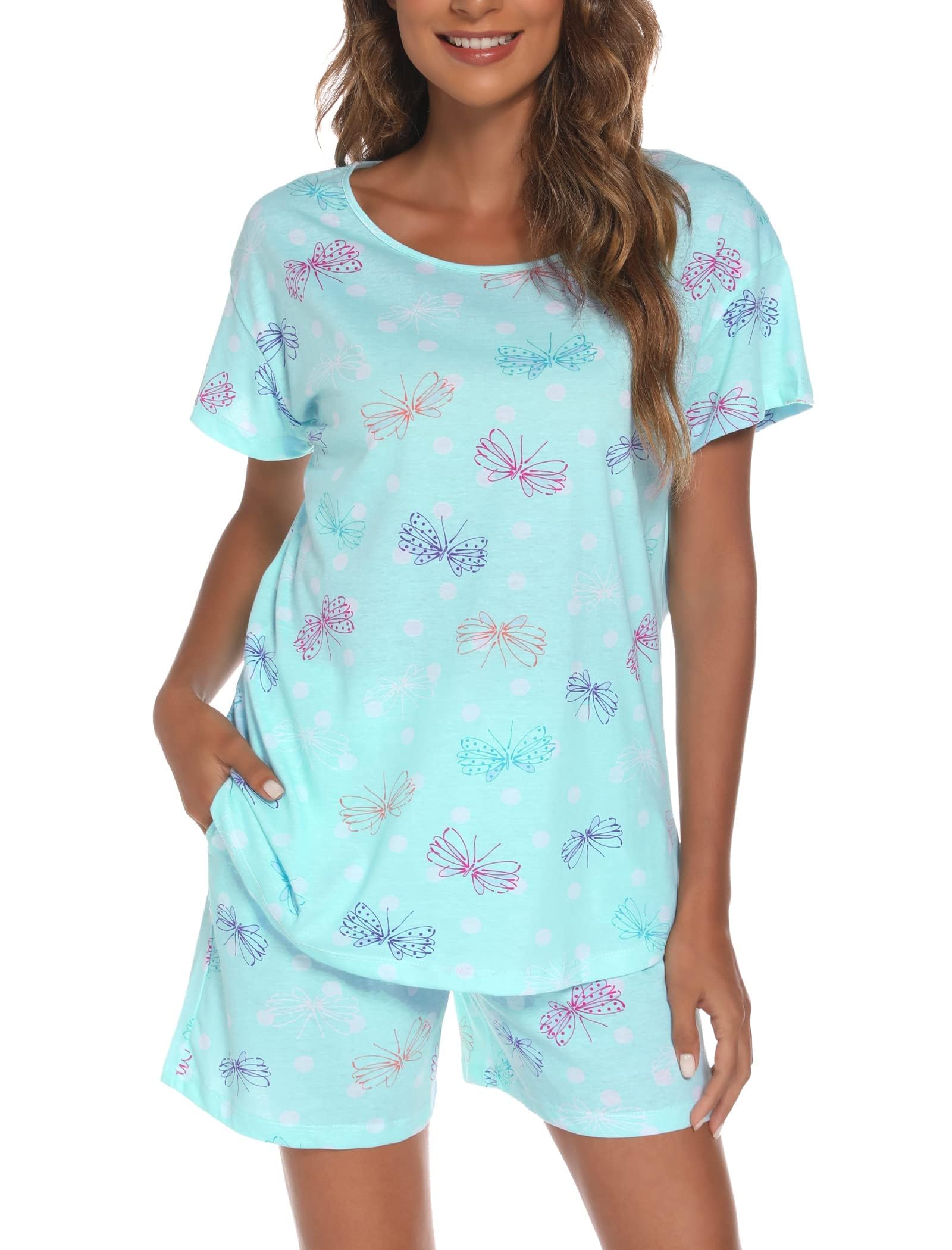 ENJOYNIGHT Schlafanzug Damen Kurz Pyjama Set Baumwolle Kurzarm Nachtwäsche | Klassisches Rundhals-Oberteil, Kurze Hose mit Taschen und Kordelzug, Weiche Sommer Hausanzug
