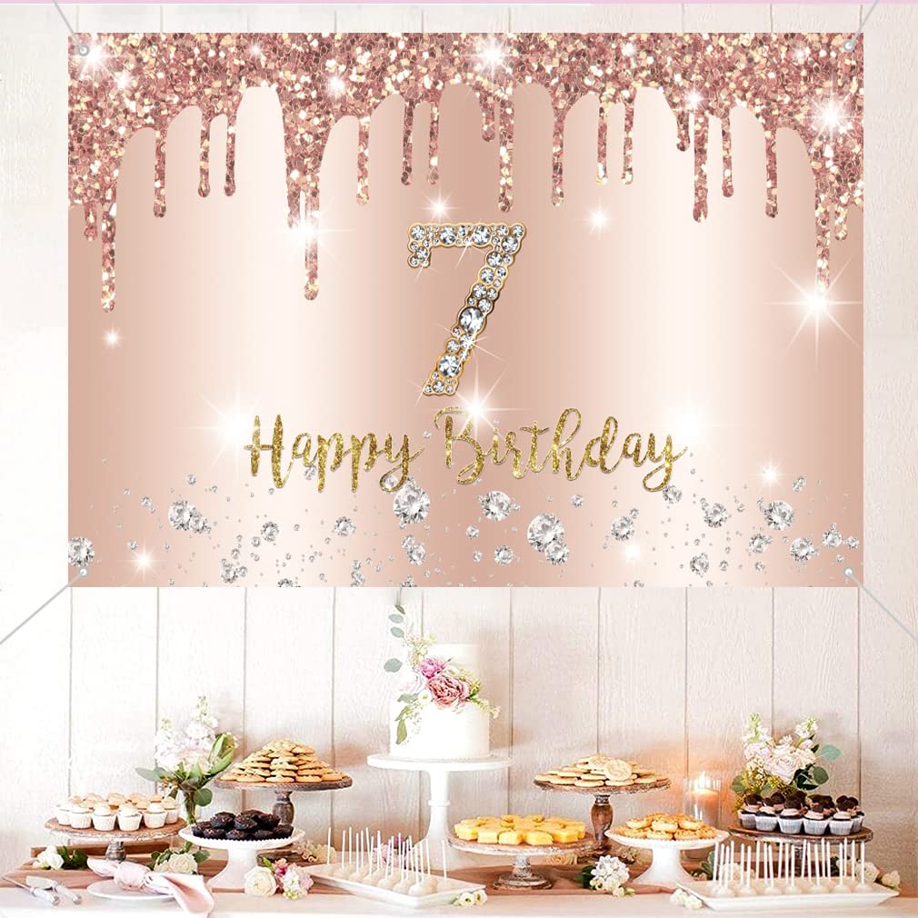 Happy 7th Birthday Decorations for Girls Happy 7 Years Old Fabric Sign Poster Backdrop Banner Rosegold Photography Background 7th Birthday Party Supplies - Image 4