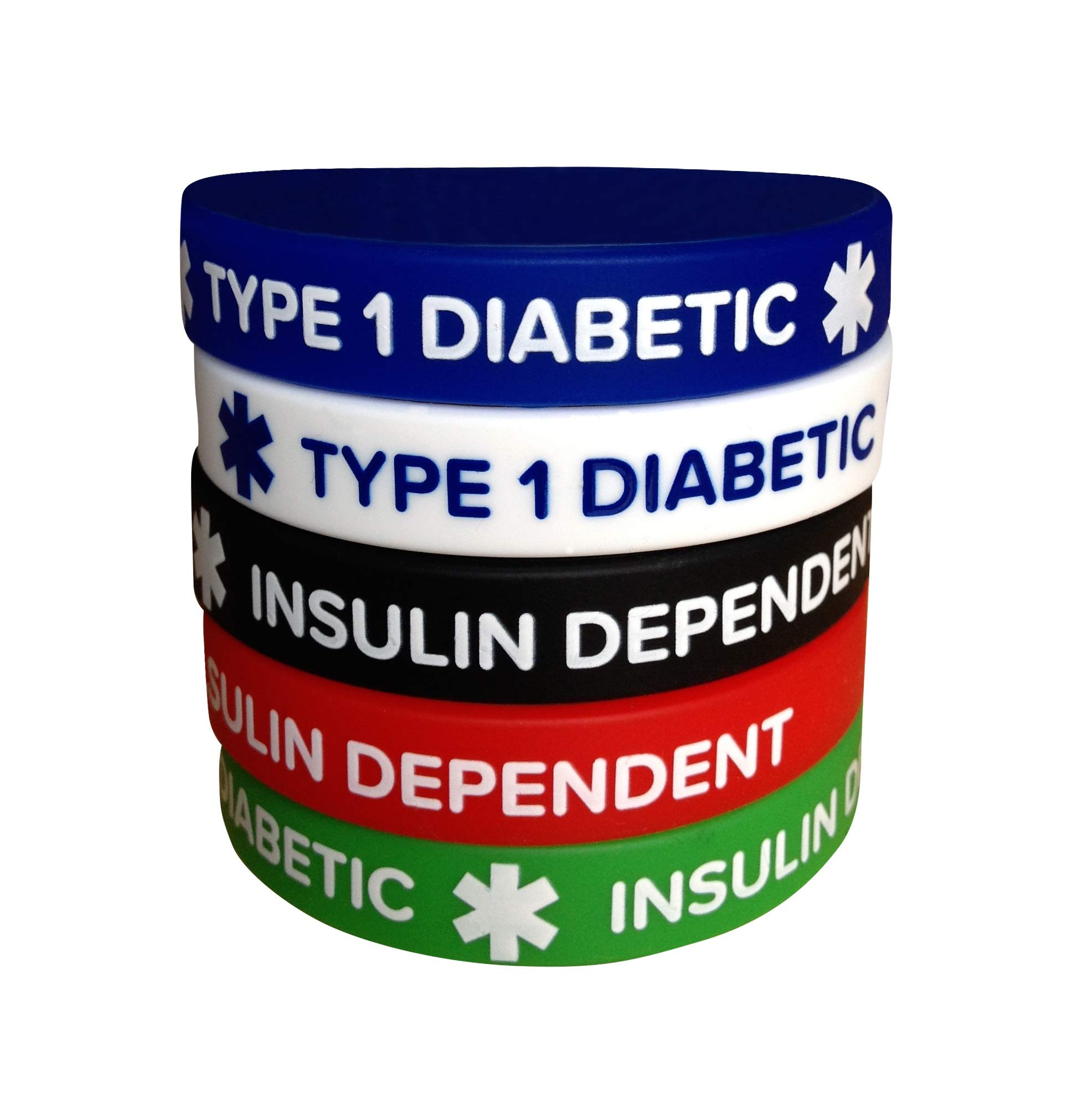 Highspirit Diabetic Silicone Bracelets Type 1 Insulin Dependent (5 Pack) Adult Size 7.8" Wristband for Men Women