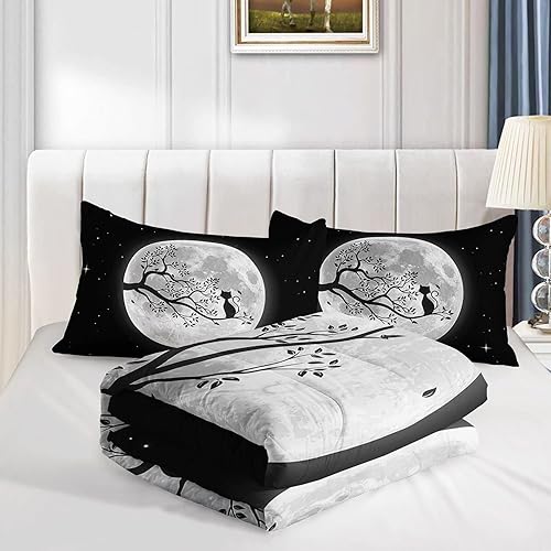 Miniatura 4 de Juego de edredón negro con diseño de gato y luna para niñas y mujeres, ropa de cama con estampado de cielo nocturno con 2 fundas de almohada