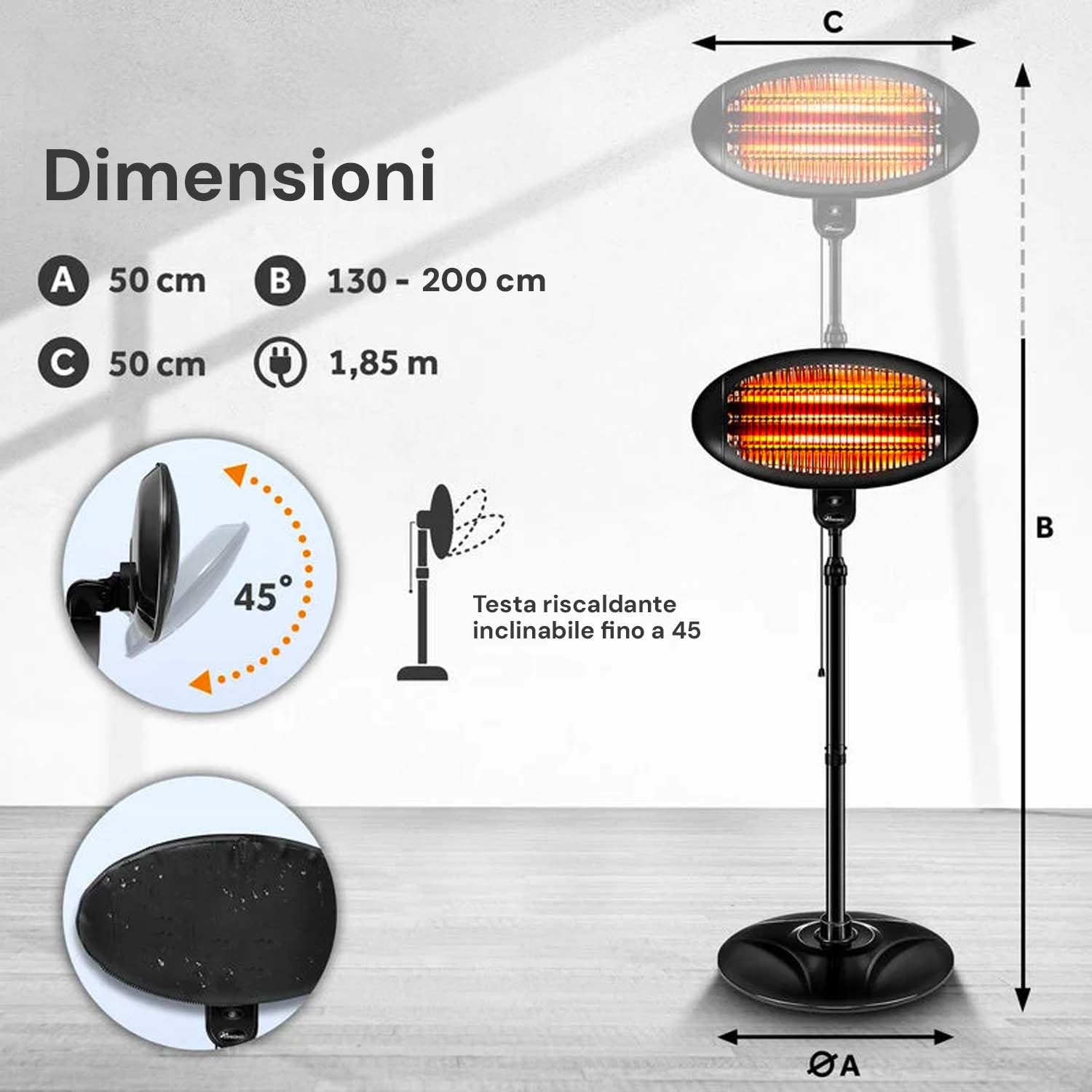 Avilia Riscaldatore Elettrico da Interno ed Esterno Ignis - Stufa da Patio, 3 Impostazioni di Calore, sta Inclinabile a 45°, fino a 2000W, 50x50x200cm, Nero