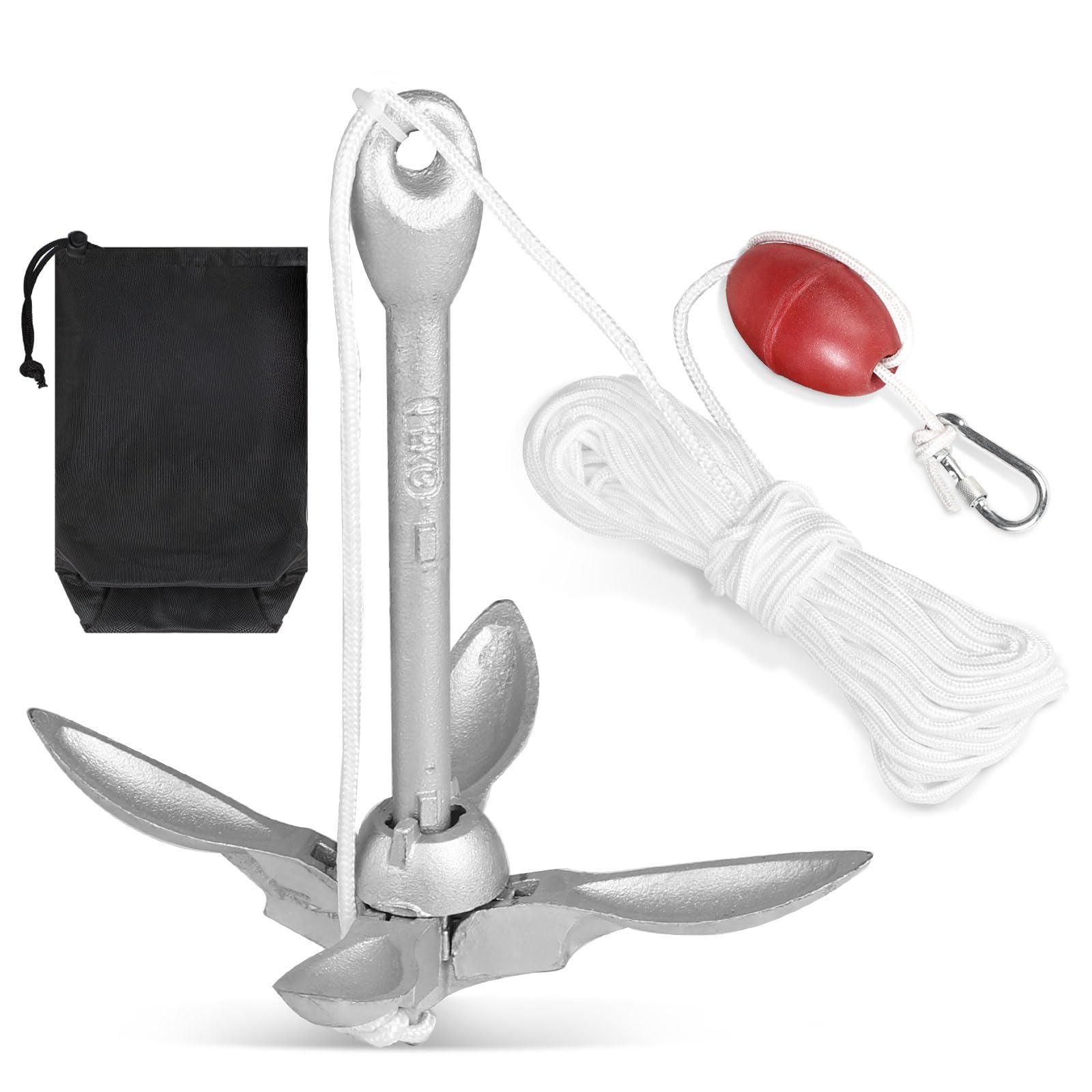 SWAWIS Ancre Bateau Kit 1,5 Kg Accessoire Bateau Ancre Pliante avec 20m de Ligne d'Ancre Bouée de Marquage et Sac de Rangement pour Kayak Gonflable Bateau Gonflable Canoe Jet Ski Gonflable