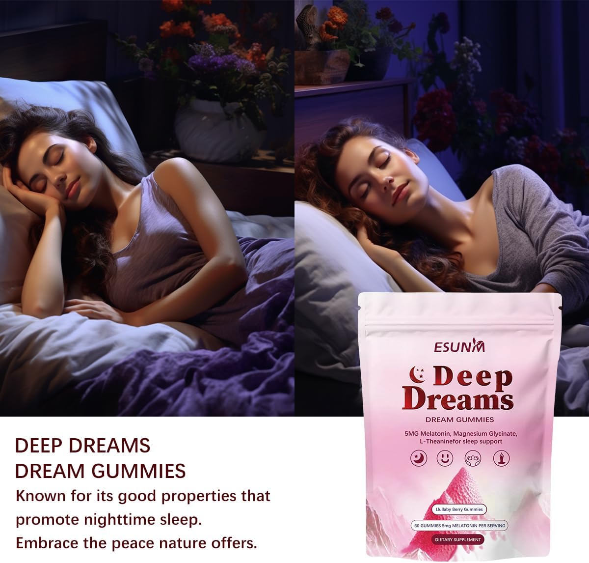 Deep Dream Sleep Gummies with 5mg Melatonin, Magnesium, Glycinate, L-Theanine for Sleep Support- Non-Habit Forming Sleep Supplement,60 Gummies, 30 Day Supply - Image 3