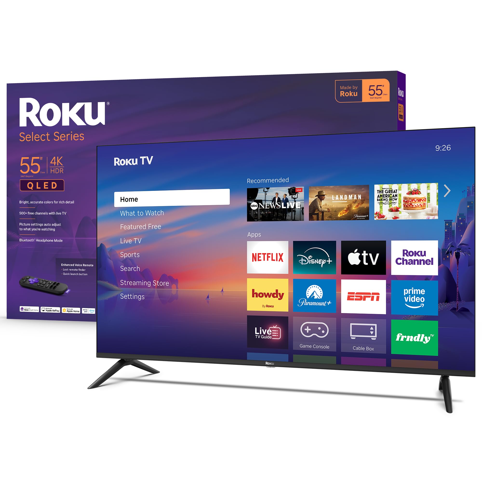 Photo 1 of **NO REFUNDS, NO RETURNS **Roku Smart TV 2026 – 55-Inch Select Series, 4K QLED TV – Roku TV with Voice Remote – Flat Screen QLED Television with Wi-Fi for Streaming Live Local News, Sports, & Movies – Bluetooth Headphone Mode