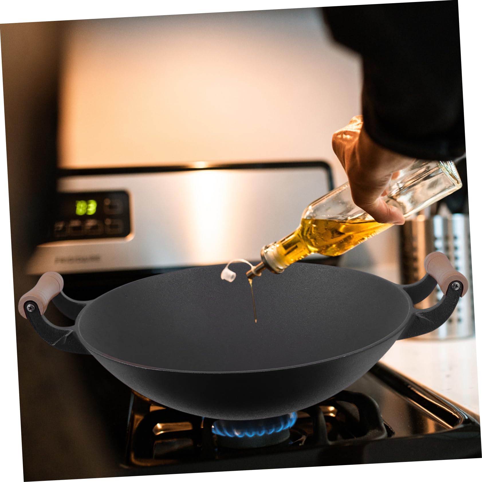 BRIGHTFUFU Thickened Cast Iron Wok Non-stick Round Bottom Cooking Utensils Wooden Double Handle Lightweight for Camping