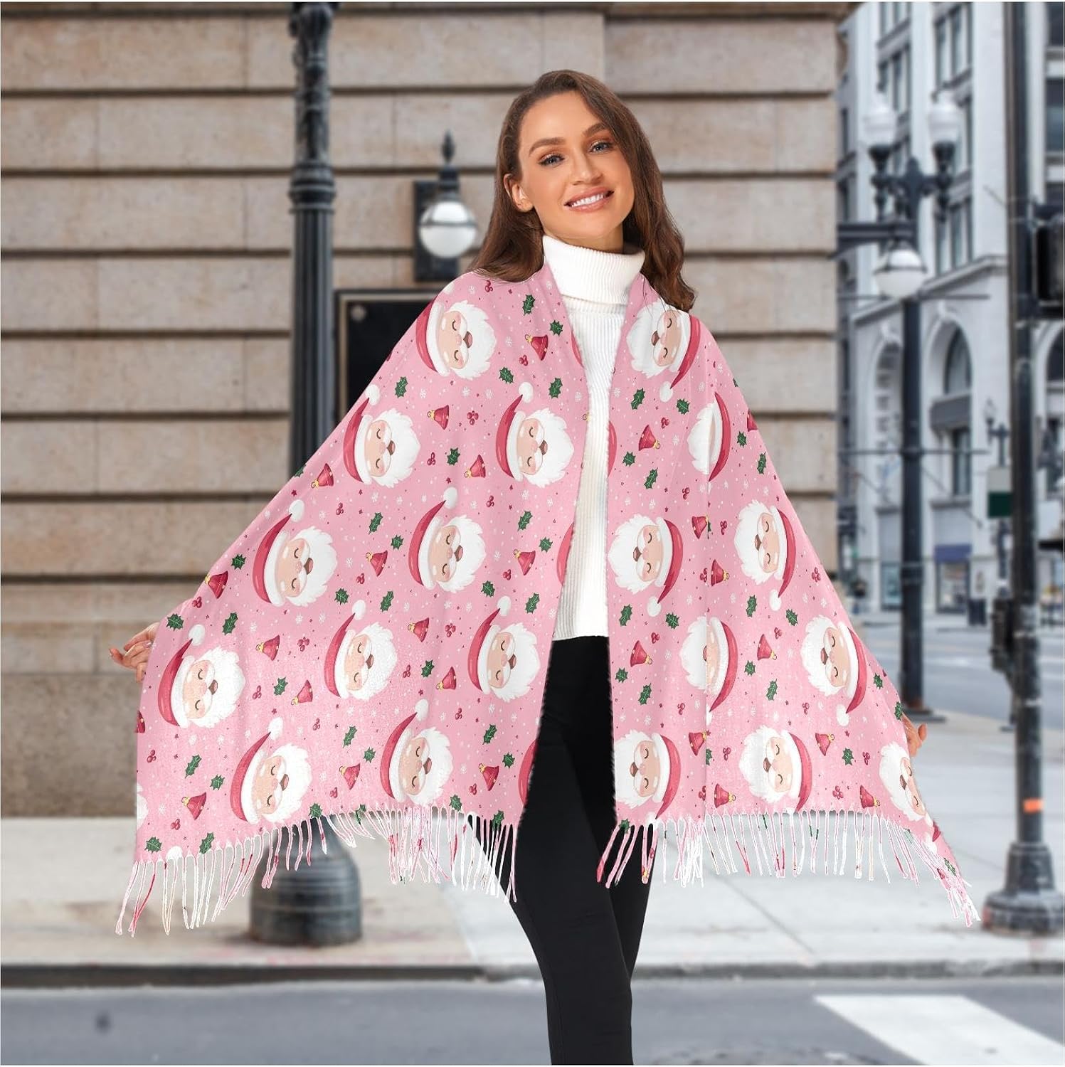 Winter Scarf for Women Santa Claus Pink Christmas Fashion Tassel Shawl Wraps for Women, Cold Weather Warm Womens Scarves Soft Long Scarf Gifts