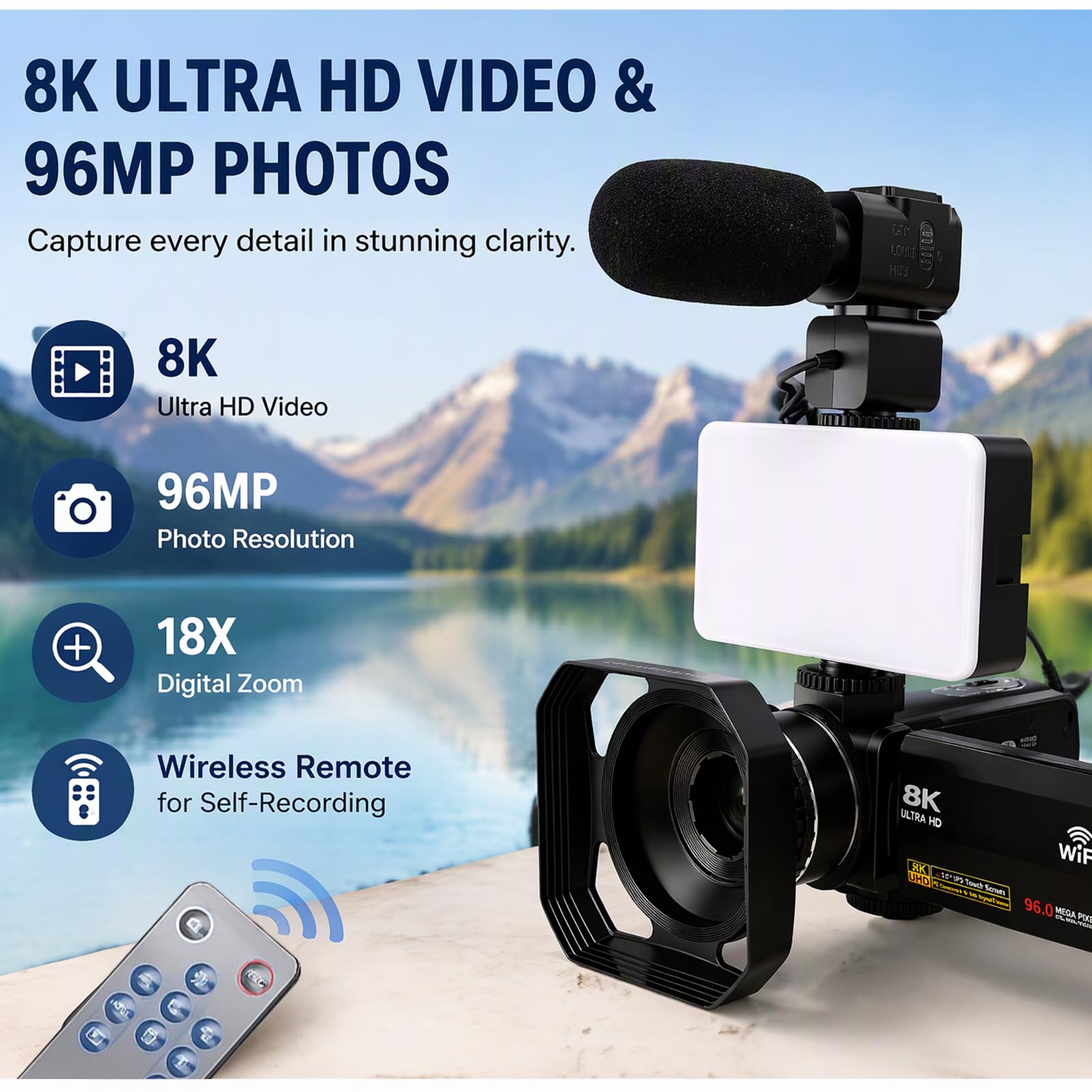 Caméscope Vidéo 8K 96MP, Anti Shake, Zoom Numérique 18X