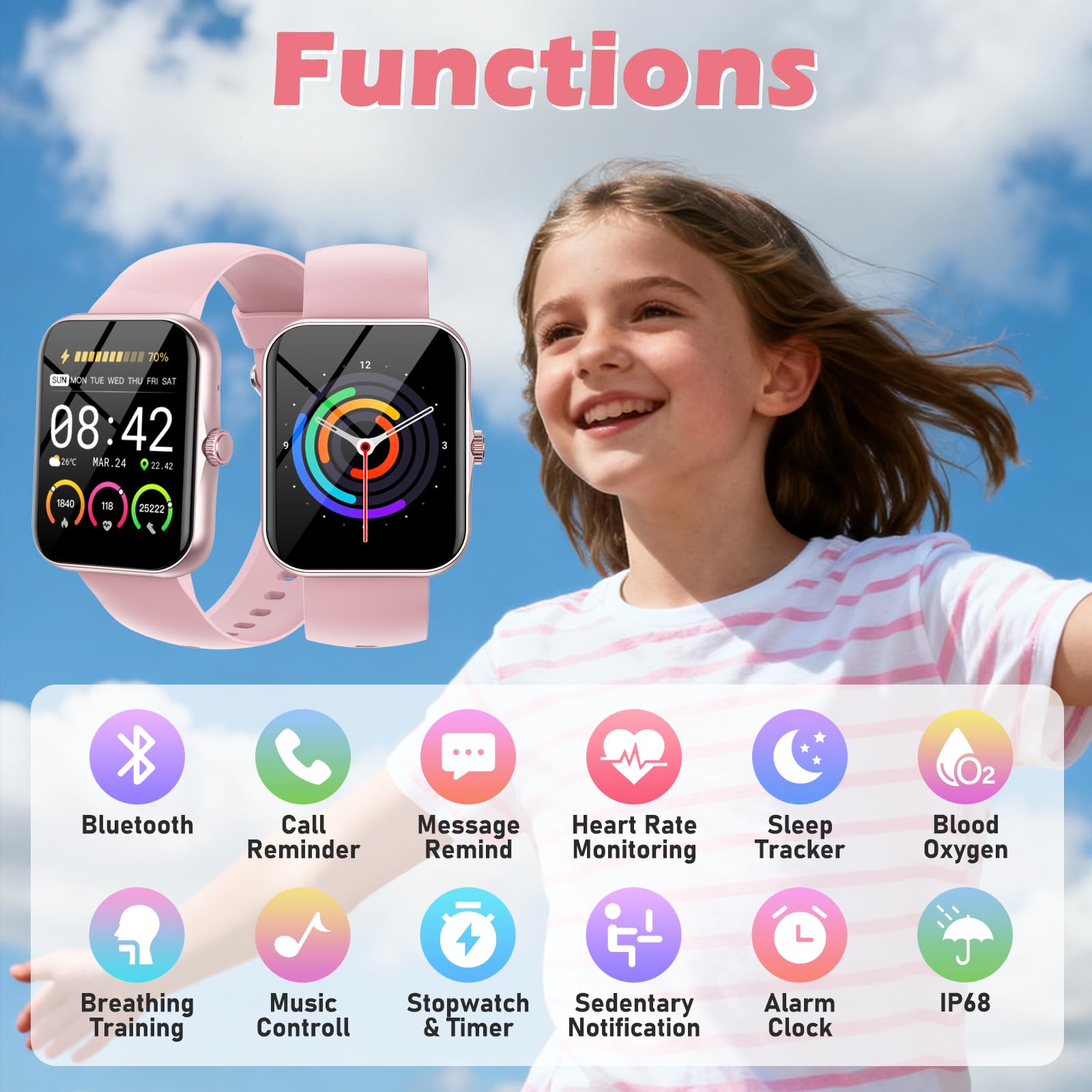 Fitness Tracker Montre Connectée Enfant, 1,83" HD Montre Intelligente pour Garçon Fille IP68 Étanche avec 120+ Mode de Sport Cardiofrequencemètre Podomètre Réveil Jeux pour Ados 4-16 Ans Cadeau, Rose
