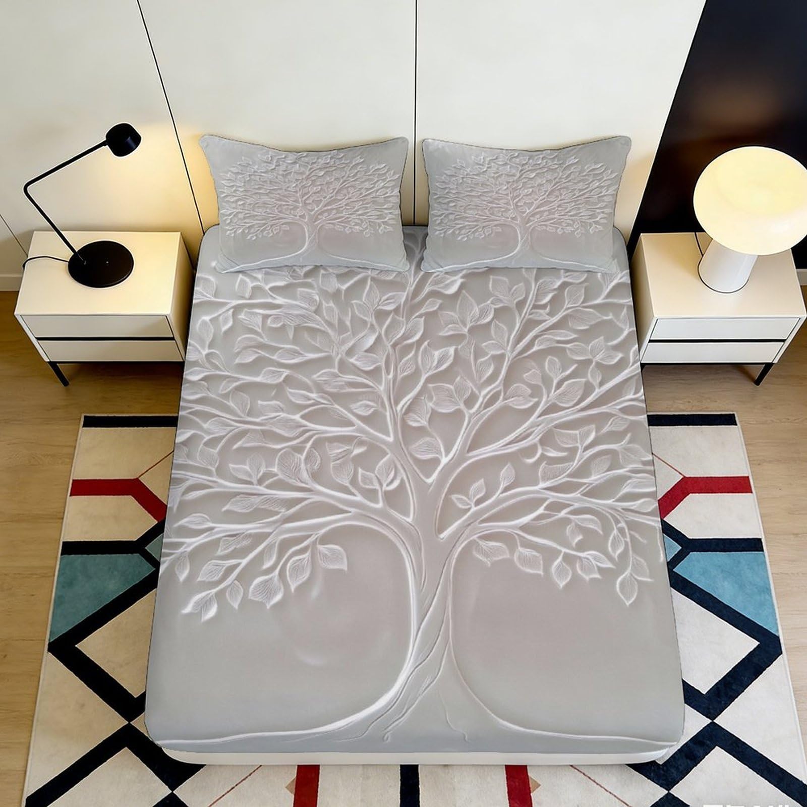 3D Printed Tree Pattern Fitted Sheet Microfiber Soft Breathable Embossed Leaf Bed Sheet for Bedroom Dormitory Guest Room Mattress Protection 120x200x25cm