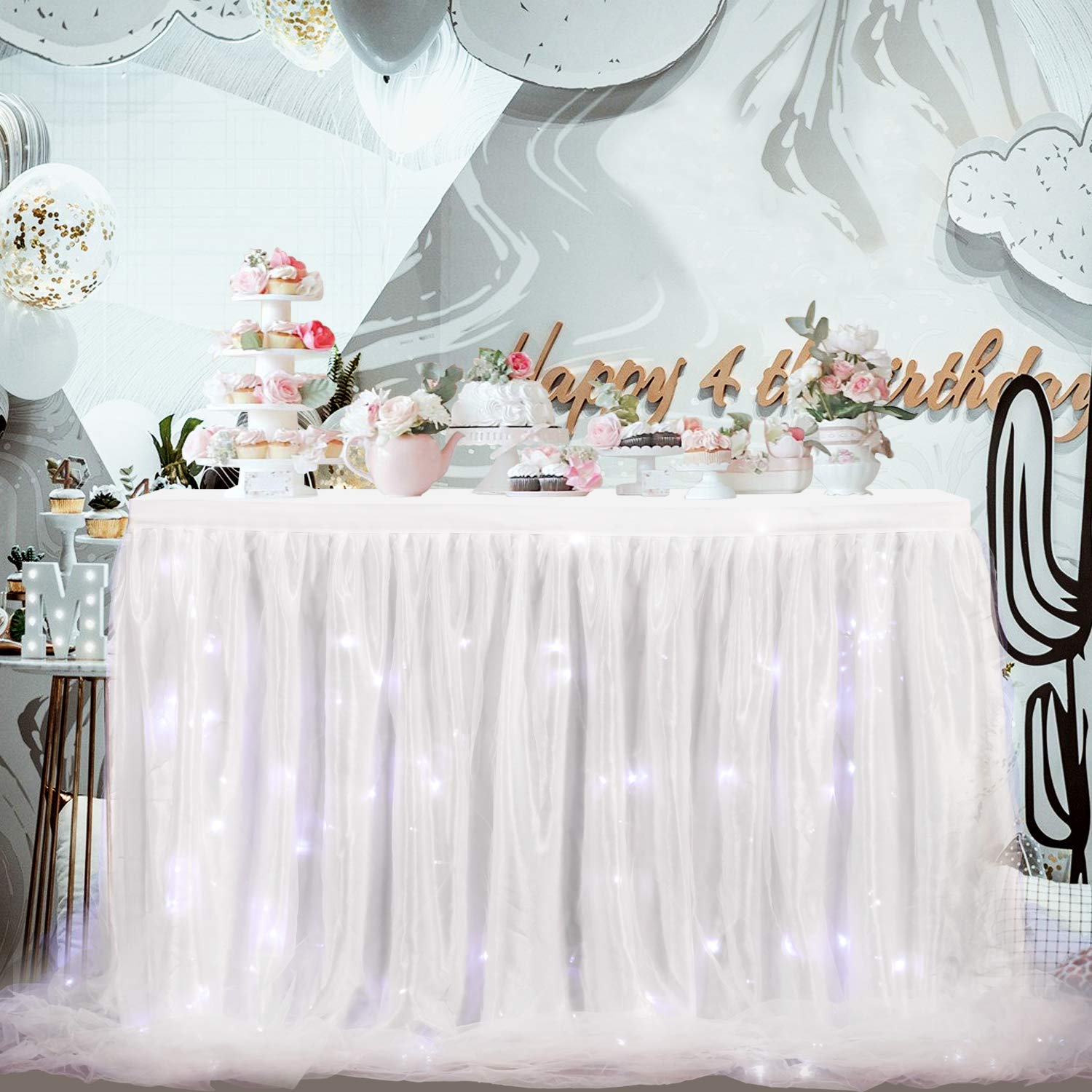 HB HBB MAGIC HBBMAGIC Jupe de Table en Tulle Blanche avec lumière, 275 cm, à Volants, Tutu Lavable pour Mariage, fête, Anniversaire, Baby Shower, gâteau, Dessert, baptême de Table.