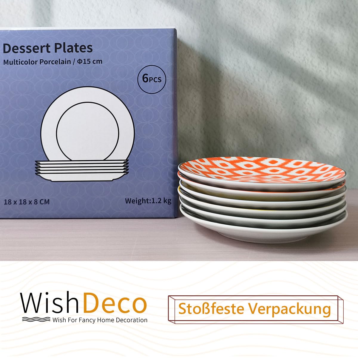 WishDeco Kuchenteller 6er Set, Kleine Dessertteller 15cm, Porzellan Salatteller, Bunte Frühstücksteller, Mini Speiseteller für Pasta, Obst, Brot