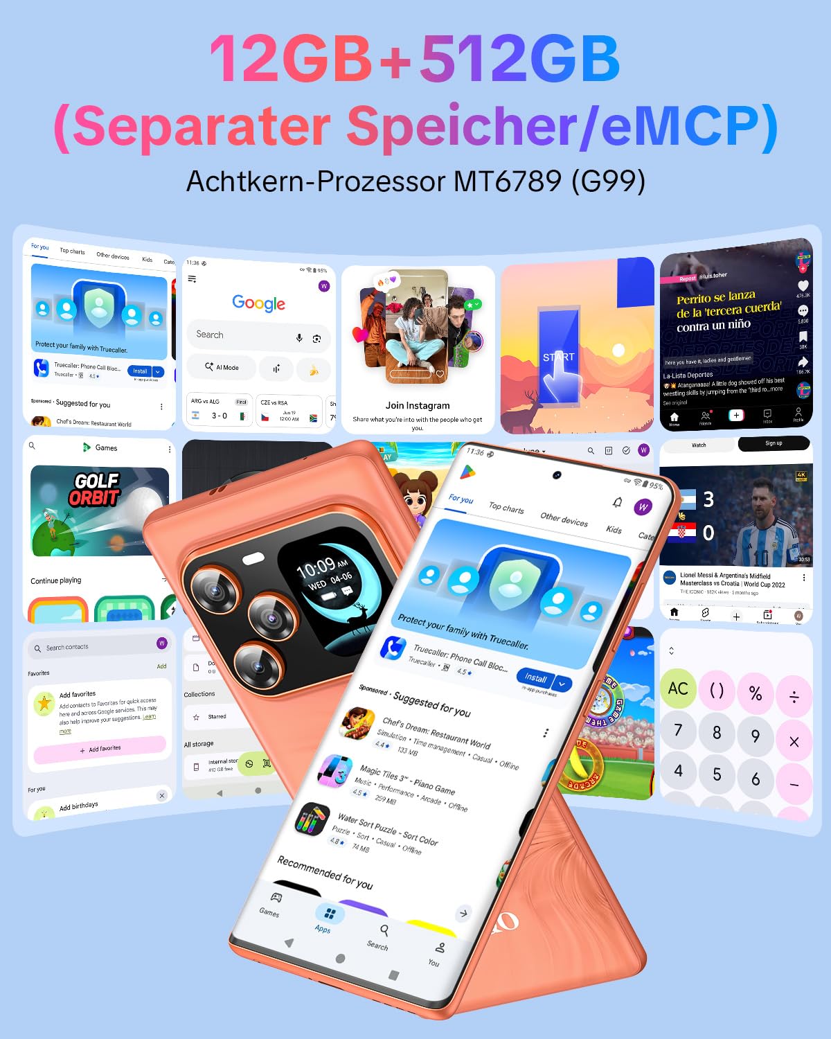 W & O 5G Smartphone 12GB+512GB, Dual-Screen Android Handy mit 6,67" OLED Gebogene Bildschirm, 1,75" Zusatzdisplay, 64MP+16MP Kamera, 5000mAh Akku, Dual SIM, Handy ohne Vertrag (Orange)