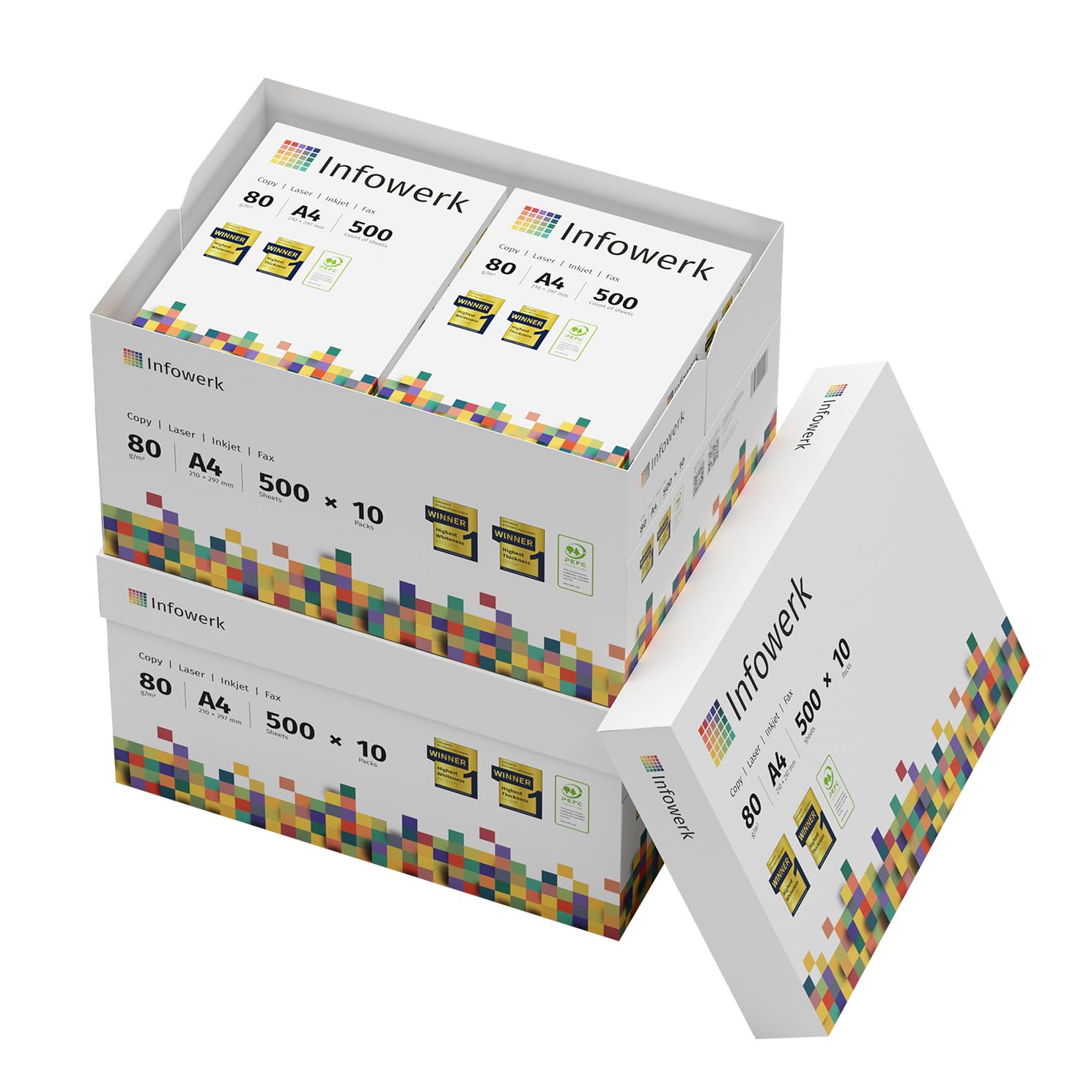 Infowerk Printer Paper Copier Paper 10000 Sheets 20 x 500 A4 80g Premium Brilliant White CIE 160 Test Winner PEFC Environmental Certificate