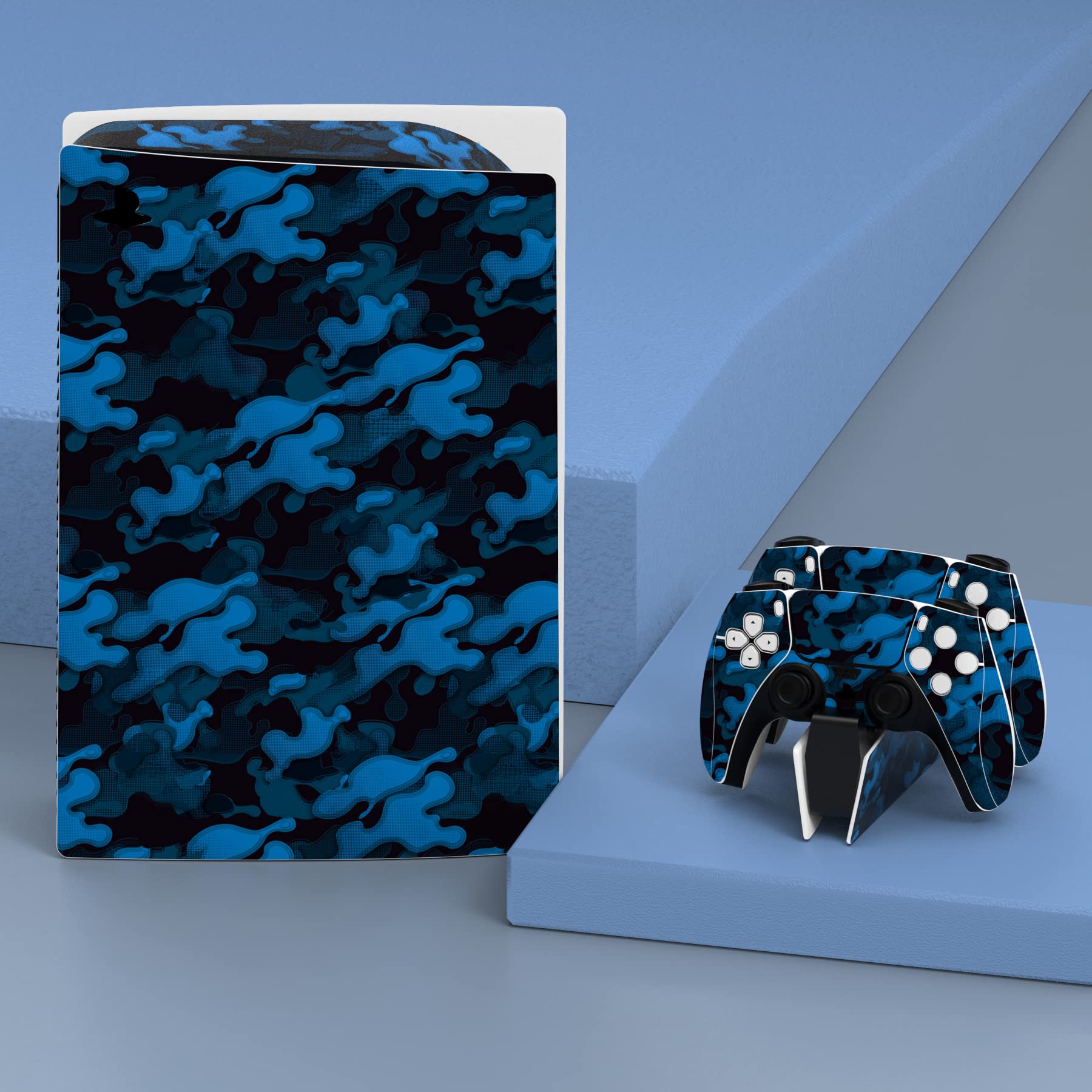 PlayVital Calcomanía Vinilo para ps5 Edición Disc - Pegatina Completa para Consola, Control, Estación de Recarga, Control Remoto y Audífonos, Skins Cubierta Protectora Adhesiva(Camuflaje Azul Negro)