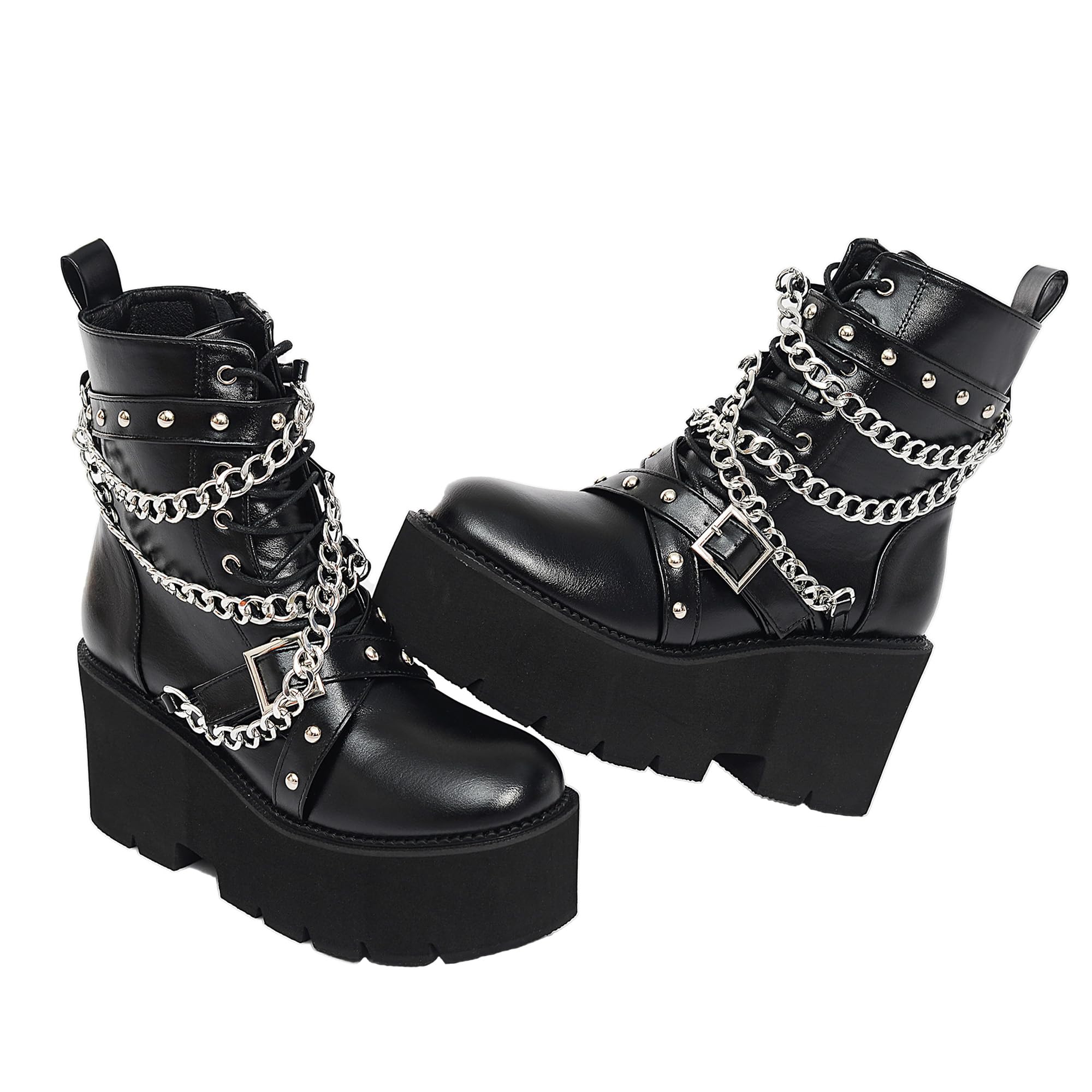 Womens Fashion Goth Boots Black Chunky Platform Combat Ankle Booties Zipper Punk Boots Mid Calf Boots for Women