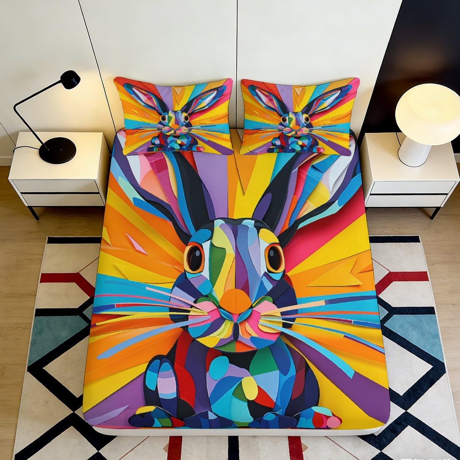 Pnayamiorkfel Style-9 3D Printed Colorful Rabbit Fitted Sheet Microfiber Vibrant Bunny Bed Cover For Bedroom Guest Room Dorm Mattress Protection 90X200x25cm