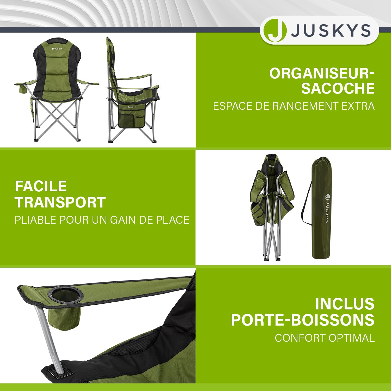 Juskys Chaise de Camping Lido Pliable avec Porte-gobelet, Poche latérale et Sac de Transport - Chaise de Camping Pliante rembourrée avec accoudoir et Dossier - Vert