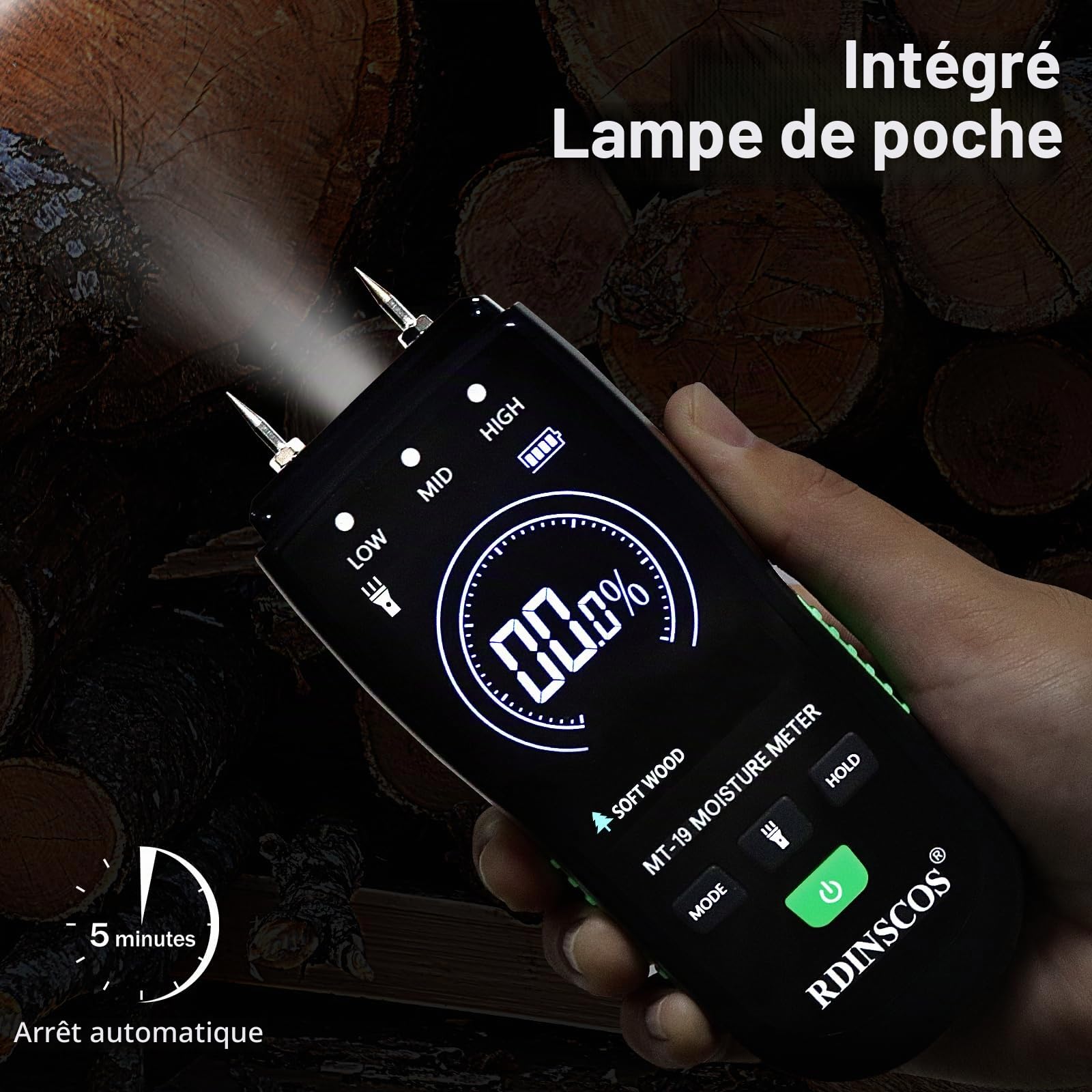 RDINSCOS Détecteur d'humidité - Type broche pour bois, bois de chauffage, bois, bûches et matériaux de construction