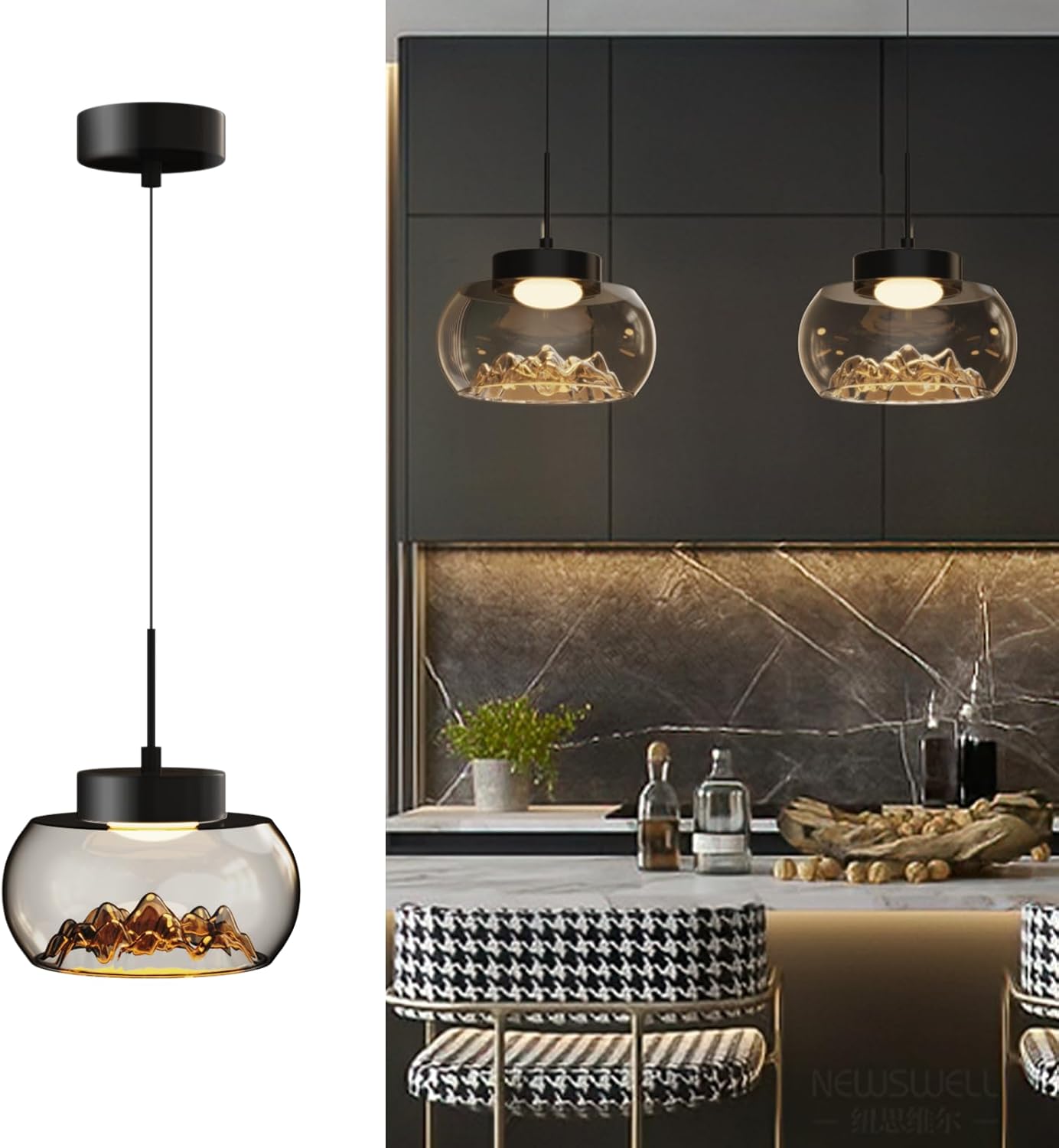 DROMEZ Pendant Lights Kitchen Island, Modern LED Pendant Light Fixtures with Grey Glass Shade, 3000-6000K, 47" Adjustable Height Hanging Lighting for Dining Room Bedroom